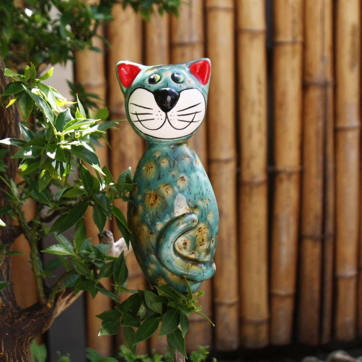(Stück) MINI Keramik-Katze Gartenfigur mit Akzenten, Tangoo olivfarbenen Tangoo blaugrün