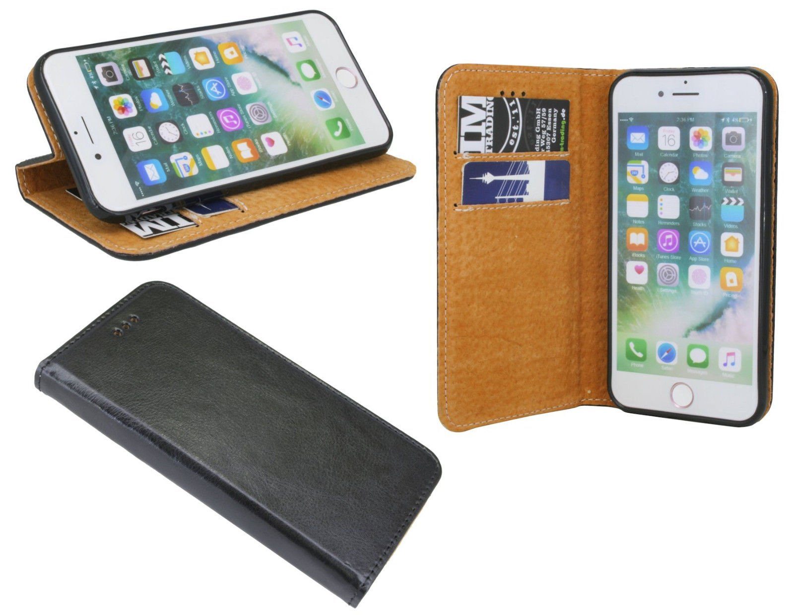 Handyhülle Echtleder Tasche Flip Case Schwarz