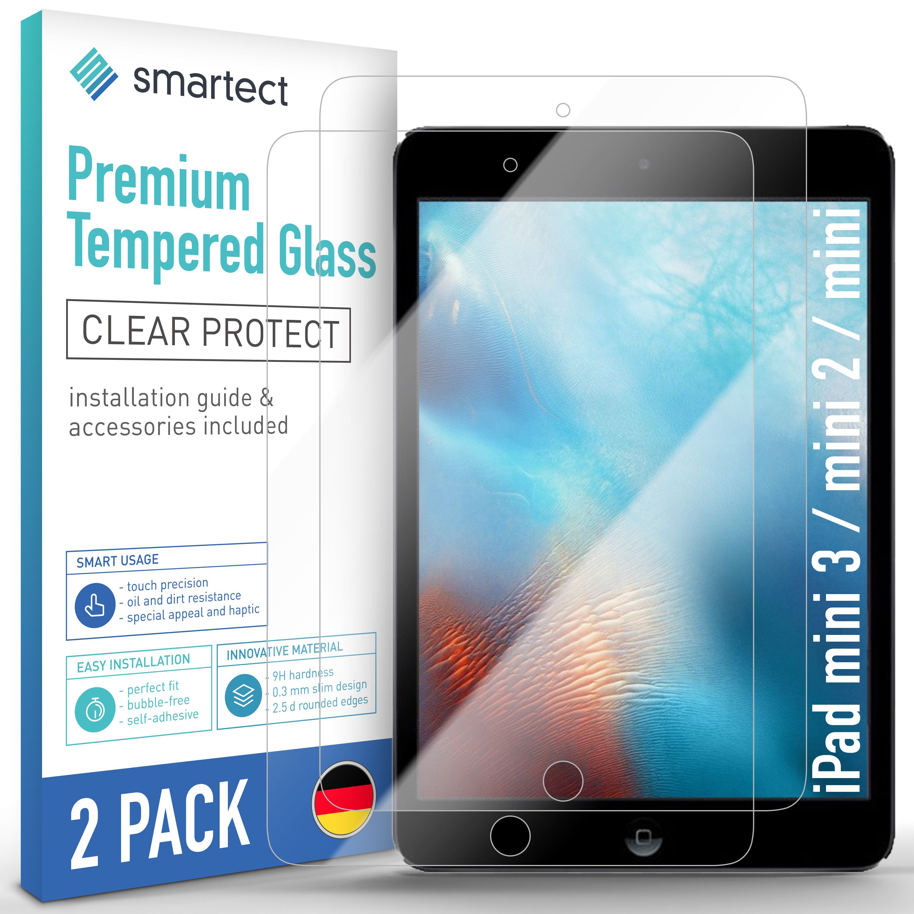 smartect Displayschutzglas Schutzglas Panzerfolie Klar für iPad mini 3 / mini 2 / mini, Set, 2 Stück, Schutzfolie Glasschutz Bildschirm