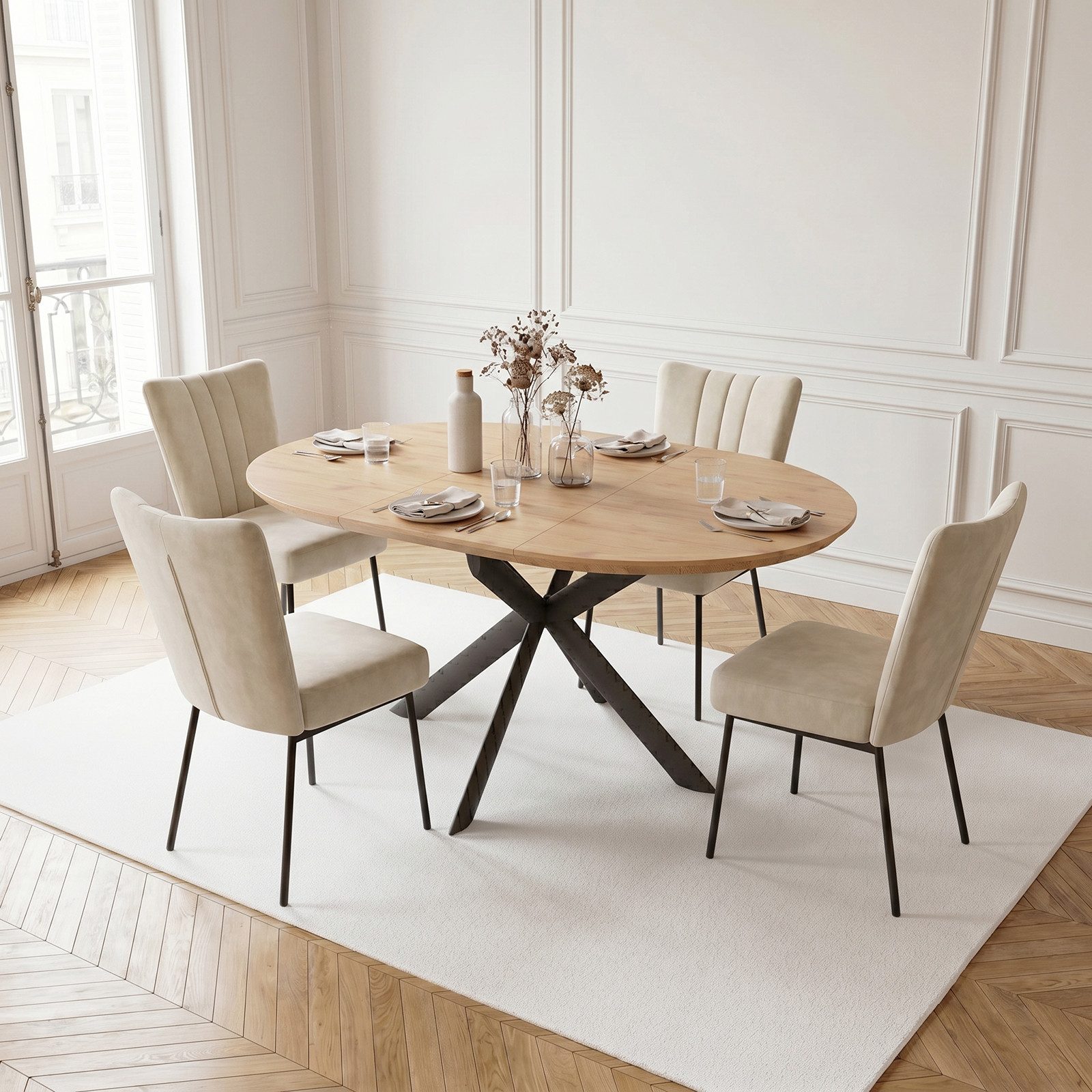 Jiexi Essgruppe Esstisch ausziehbar rund bis oval MDF-Platte mit Samtstühlen