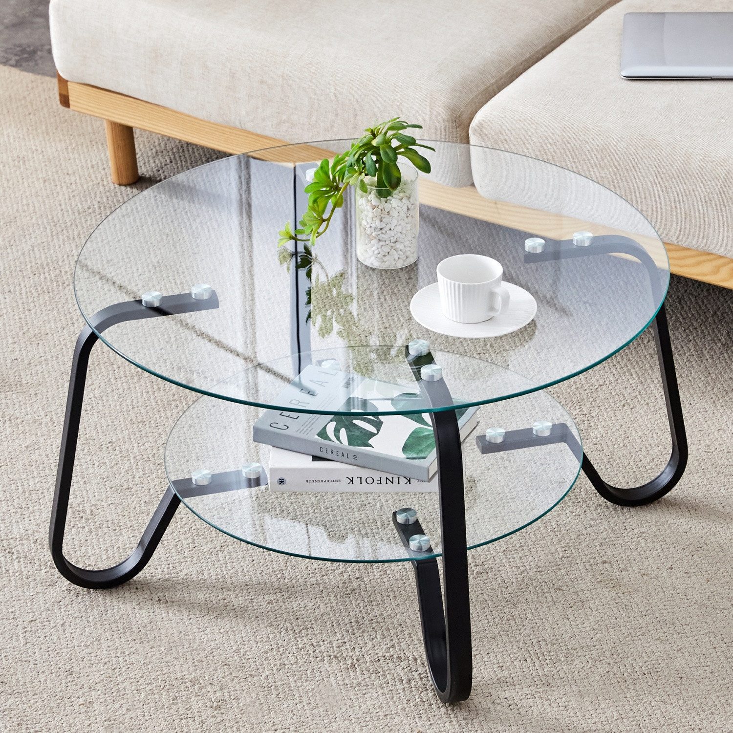 ANYSUN Couchtisch Glastisch Wohnzimmer,Couchtisch Glas Rund,Sofatisch φ80cm (Metallrahmen Doppelschicht gehärtetes Glas Couchtisch), Glas Couchtisch Beistelltisch Sofatisch, Kaffeetisch Glastisch Couch