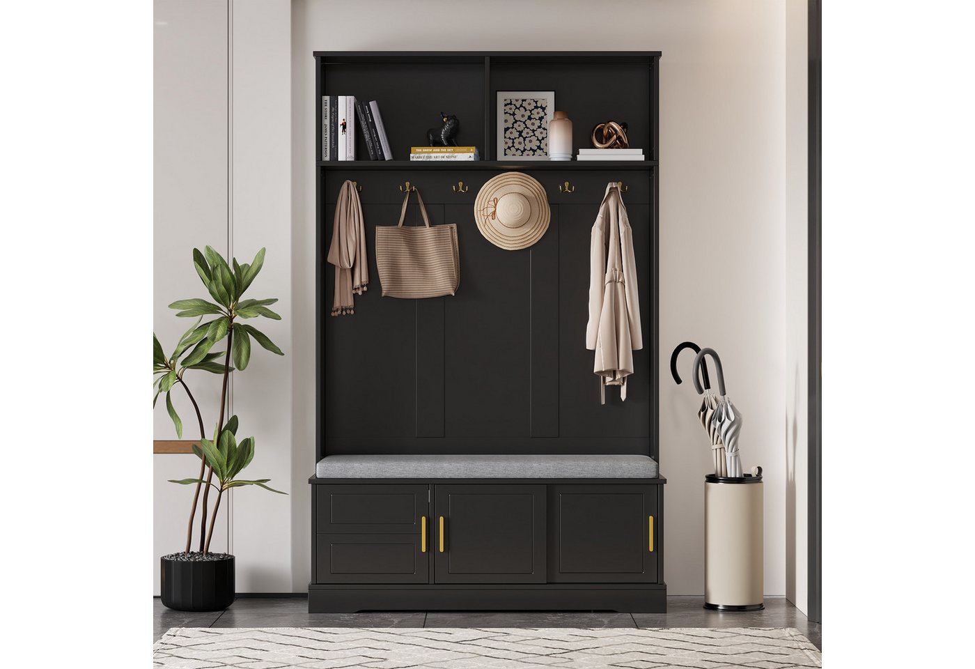Flieks Garderoben-Set mit Schuhschrank, Sitzbank, Haken, Türen, (1-St., 120×191×40 cm (B×H×T), Garderobenständer mit Schuhregal, Sitzfläche und Kleiderstange Schwarz