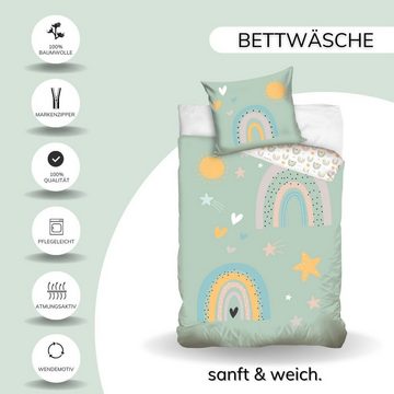 Kinderbettwäsche Regenbogen, Sterne & Sonne 135x200 + 80x80 cm, 100 % Baumwolle, MTOnlinehandel, Satin, 2 teilig, mit YKK Reißverschluss · sanft, weich für Mädchen & Jungen