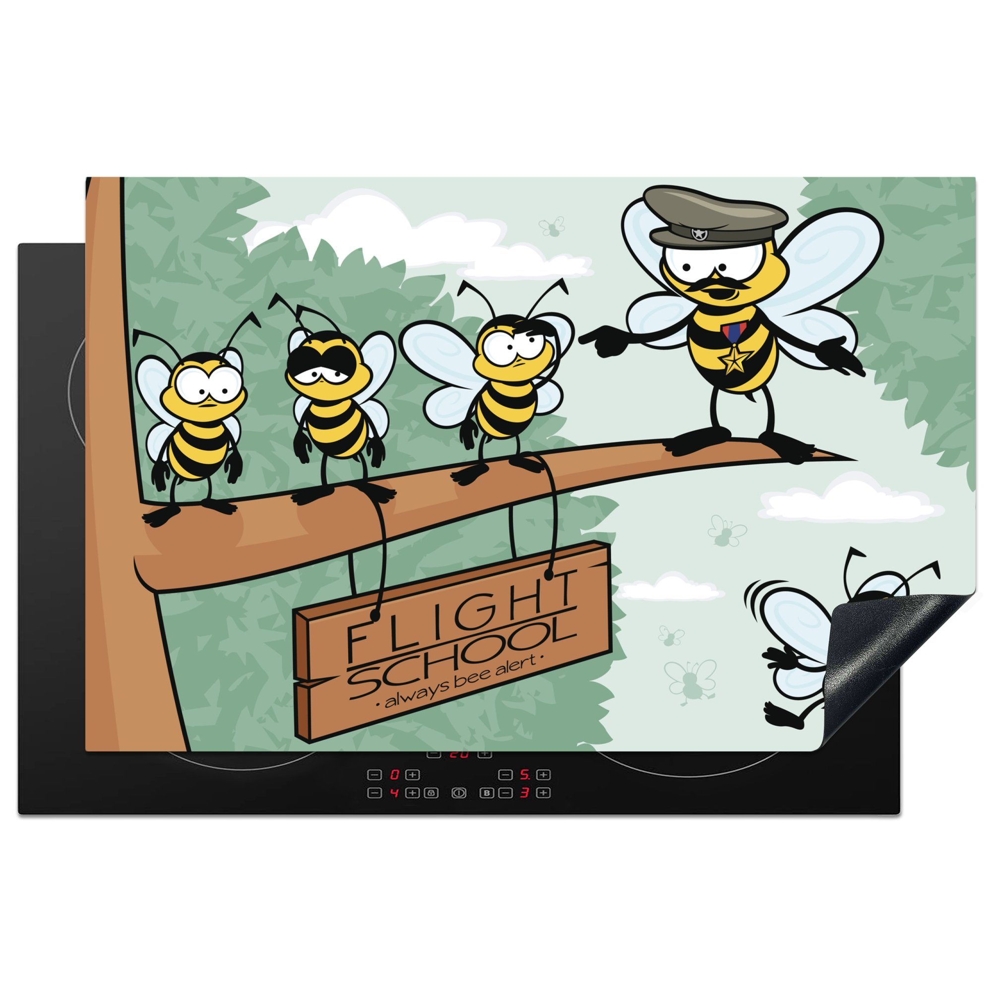 MuchoWow Herdblende-/Abdeckplatte Eine Illustration einer Schutz die Ceranfeldabdeckung das tlg), Induktionskochfeld Fliegen cm, lernt, 81x52 Biene, küche, für die Vinyl, (1