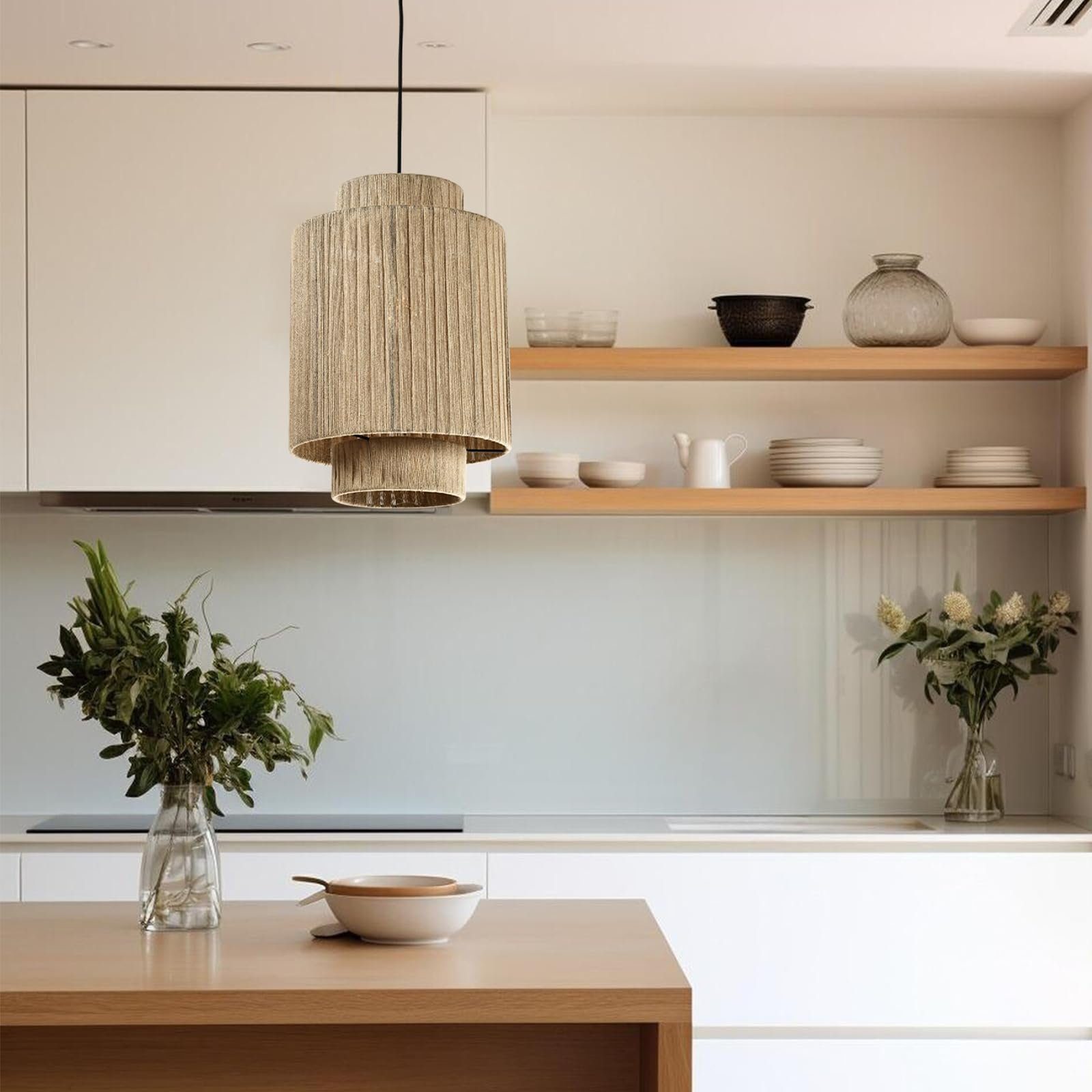 LQWELL Pendelleuchte E27 Hängelampe Deckenleuchte Deckenleuchter, Retro Deckenlampe Hängeleuchte 1 Flammig, Linen Beige Kronleuchter, für Wohnzimmer Schlafzimmer Esszimmer Bar Hotel