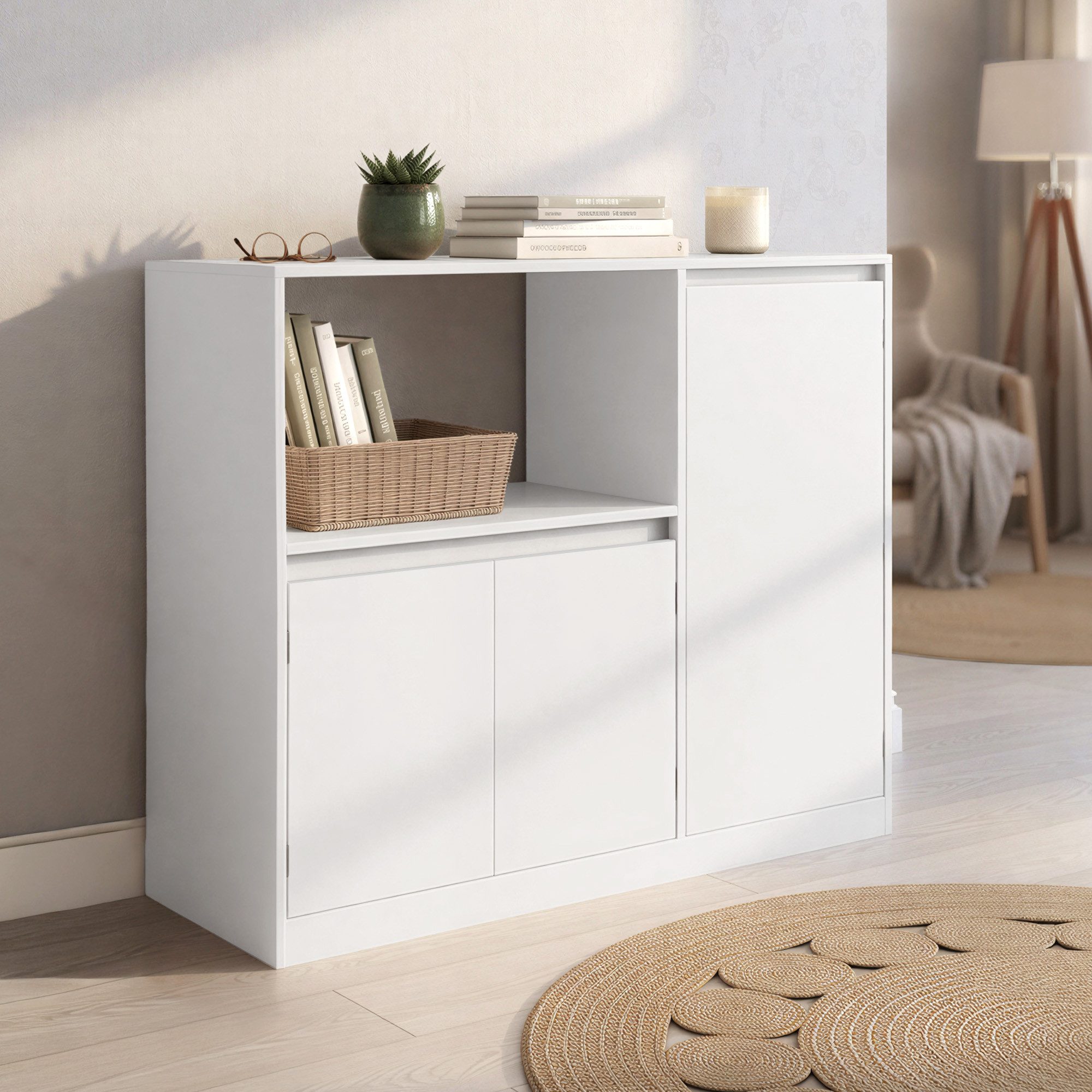 VASAGLE Buffet KAILYN Kollektion-Küchenschrank, Aufbewahrungsschrank, 40 x 90 x 90 cm (mit Arbeitsplatte, Mikrowellenregal) Sideboard, mit 1 offenem Fach, 3 Türen, verstellbaren Ablagen, weiß
