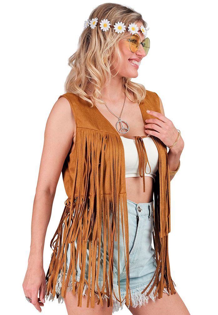 Karneval-Klamotten Hippie-Kostüm Damen Flower Power Weste kurz mit Fransen, günstig online kaufen