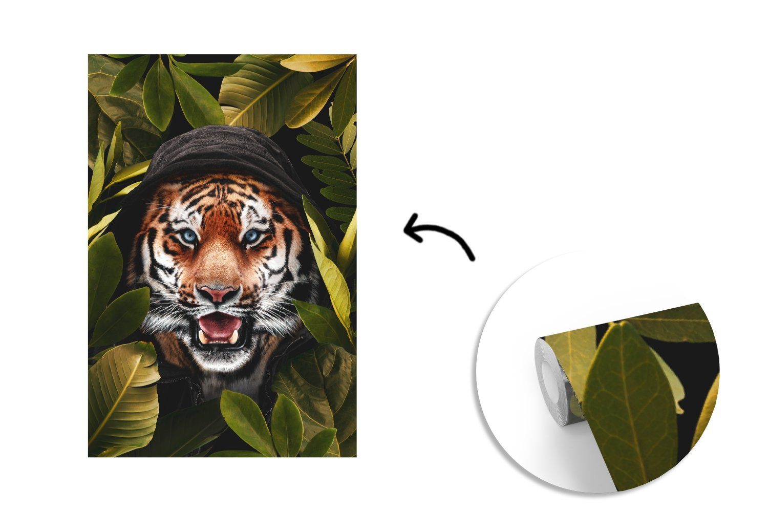 bedruckt, Tiger Wandtapete Matt, Vinyl St), MuchoWow Pflanzen, - (3 Tapete Montagefertig Wohnzimmer, - Blätter für Fototapete