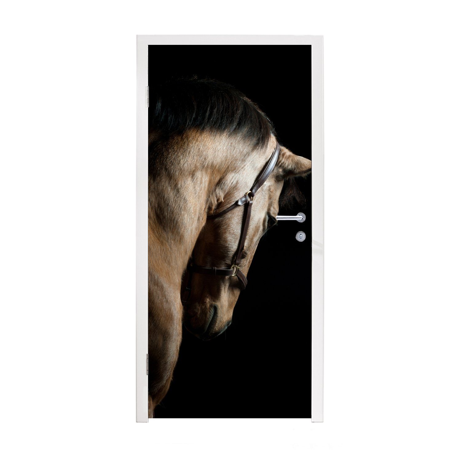 MuchoWow Türtapete Pferde - Halfter - Schwarz, Matt, bedruckt, (1 St), Fototapete für Tür, Türaufkleber, 75x205 cm
