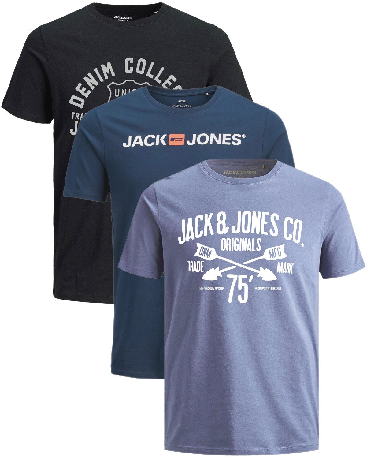 Jack & Jones Print-Shirt Bequemes Slimfit Shirt (Spar-Set, 3er-Pack) in Unifarbe mit Print