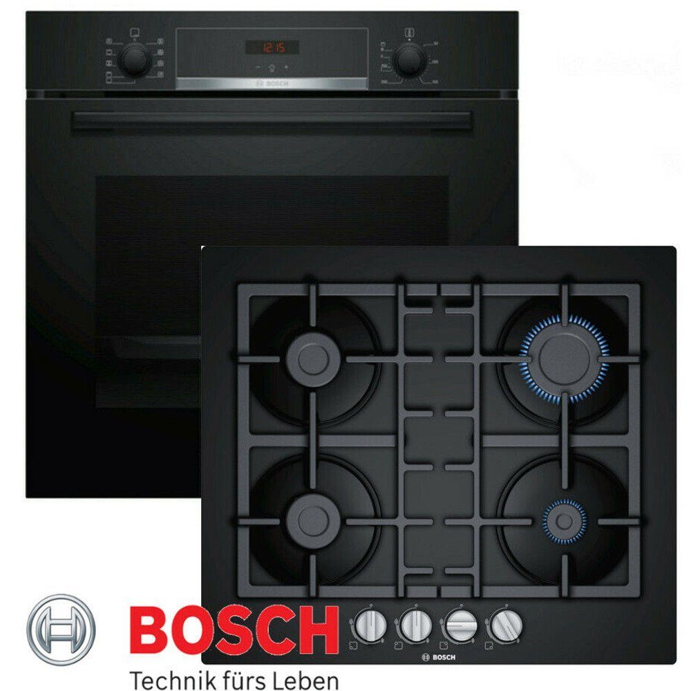 BOSCH Backofen Gas GAS Herdset Kochfeld Elektro Glaskeramik Gasherd-Set Schwarz + Autark