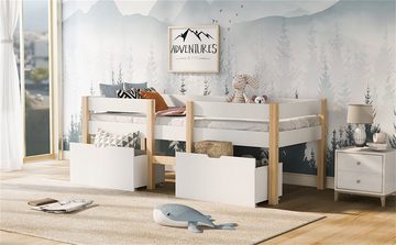 Kinderbettwäsche Bett Kinderbett Jugendbett mit Schublade Rausfallschutz, XDeer, Kiefer Vollholz 90x200 cm Weiß Eiche Naturholz Möbelstücks