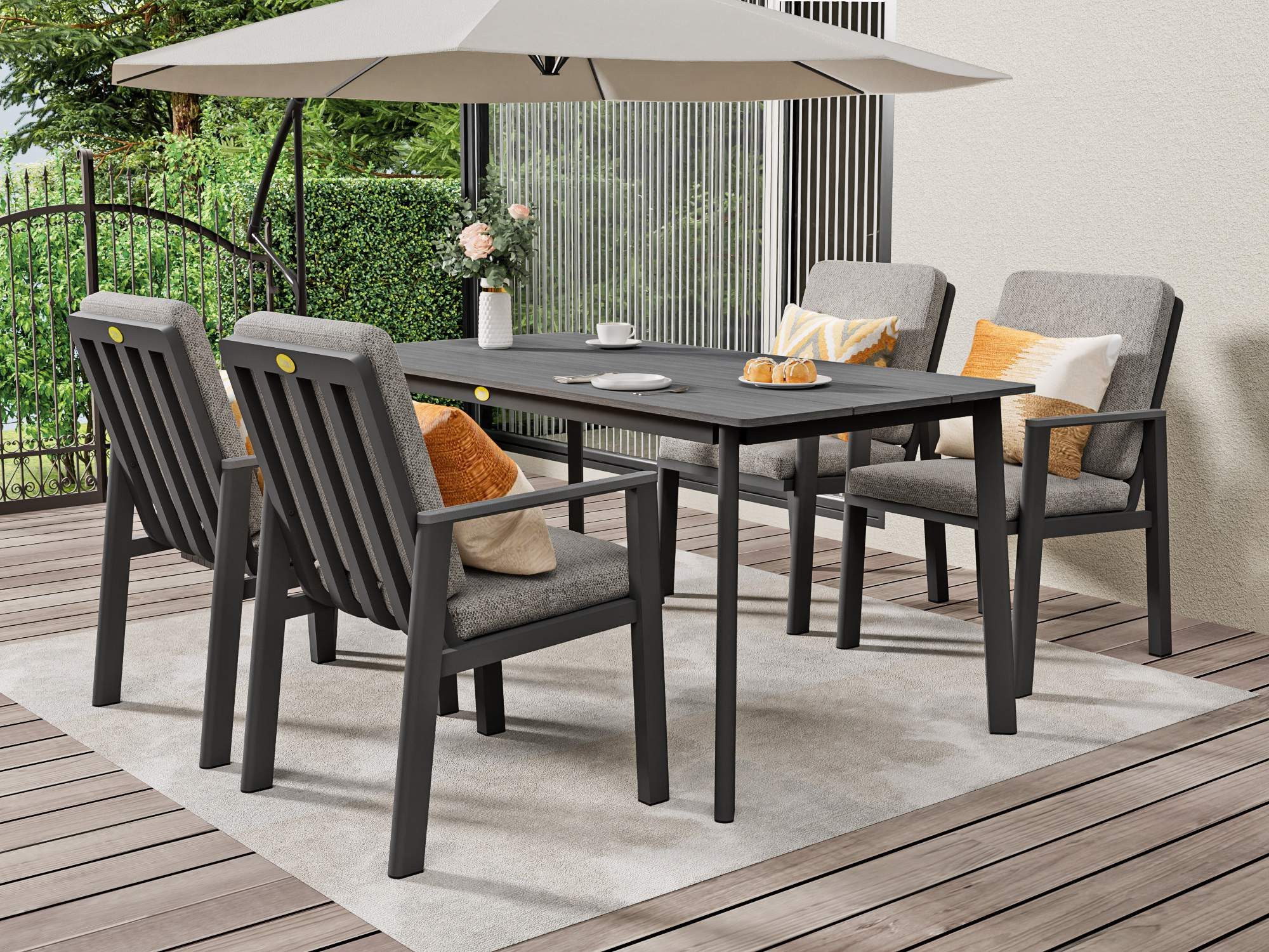 MeXo Gartenlounge-Set Garten Essgruppe für 4 Personen, (Gartenmöbel Set aus Aluminium, 5-tlg., mit PS-Tisch & bequemen Sesseln inkl. Kissen), Ideal für Garten, Terrasse & Balkon