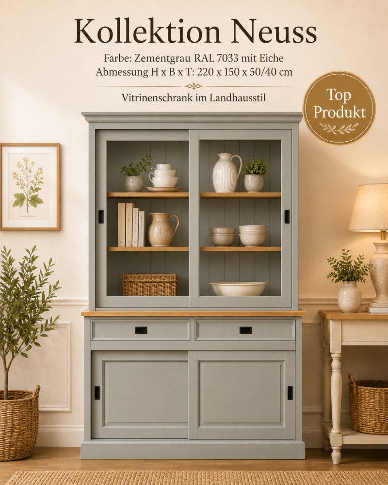 Wohnpalast Vitrine Vitrinen Schrank Neuss 150 cm Zementgrau/eiche - Buffet Schrank mit Sc