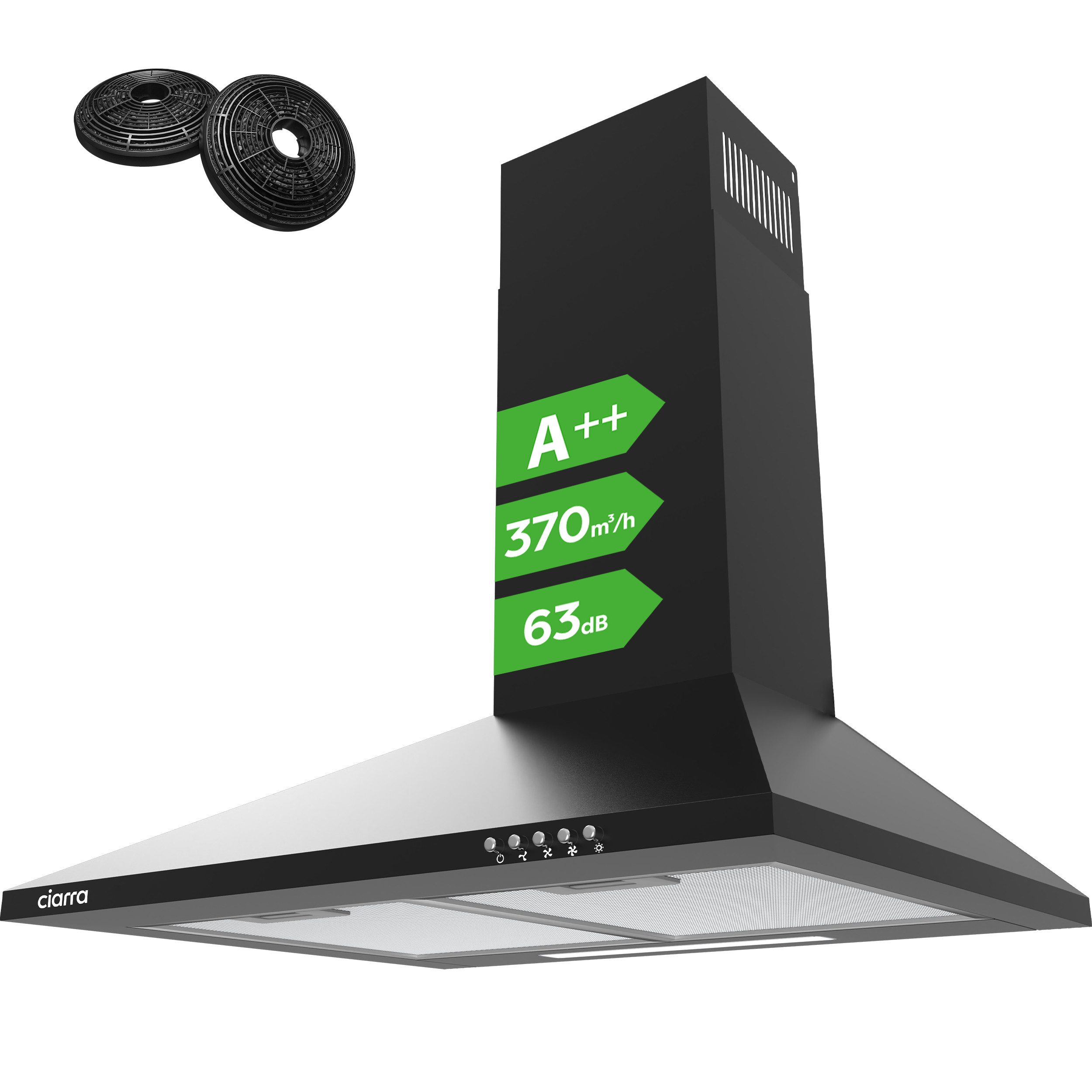 CIARRA Wandhaube 60 cm Pyramidenhaube A++ 370m³/h Umluft & Abluft 3 Stufen CBCB6201 60 cm Pyramidenhaube A++ 370m³/h Umluft & Abluft 3 Stufen CBCB6201, Dunstabzugshaube leise Wandhaube mit Kohlefilter & LED Schwarz