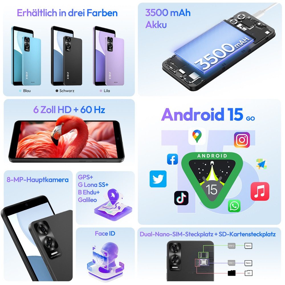 XGODY 2025 Neues, günstiges, entsperrtes Android 15 Smartphone (6 Zoll, 32 GB Speicherplatz, Ohne Vertrag Handy, 8-Kern-Prozessor, Dual-SIM, 6 Zoll, 32 GB)