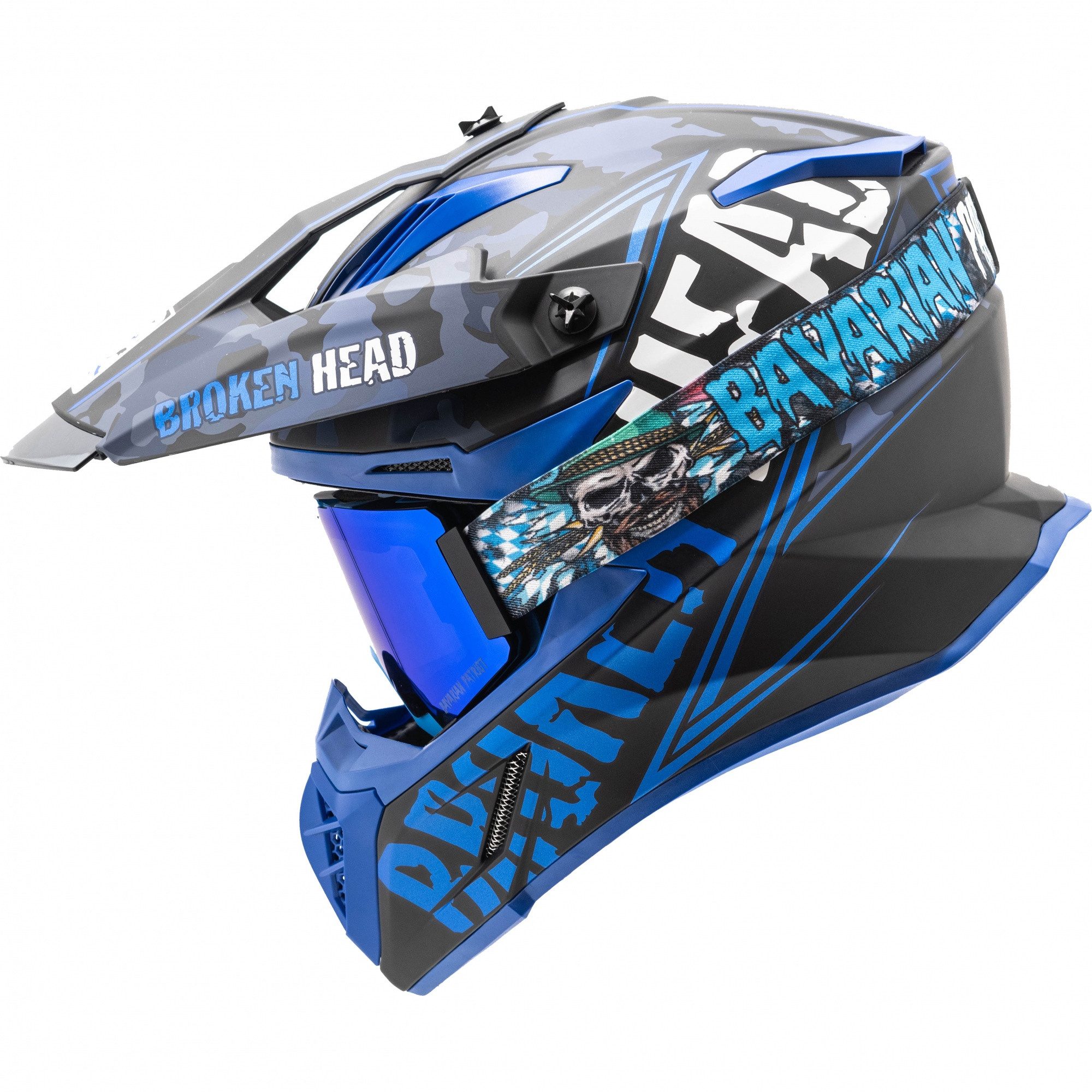 Broken Head Motocrosshelm Squadron Blau (Mit MX-Bavarian Patriot), Mit Zwei Verschlüssen