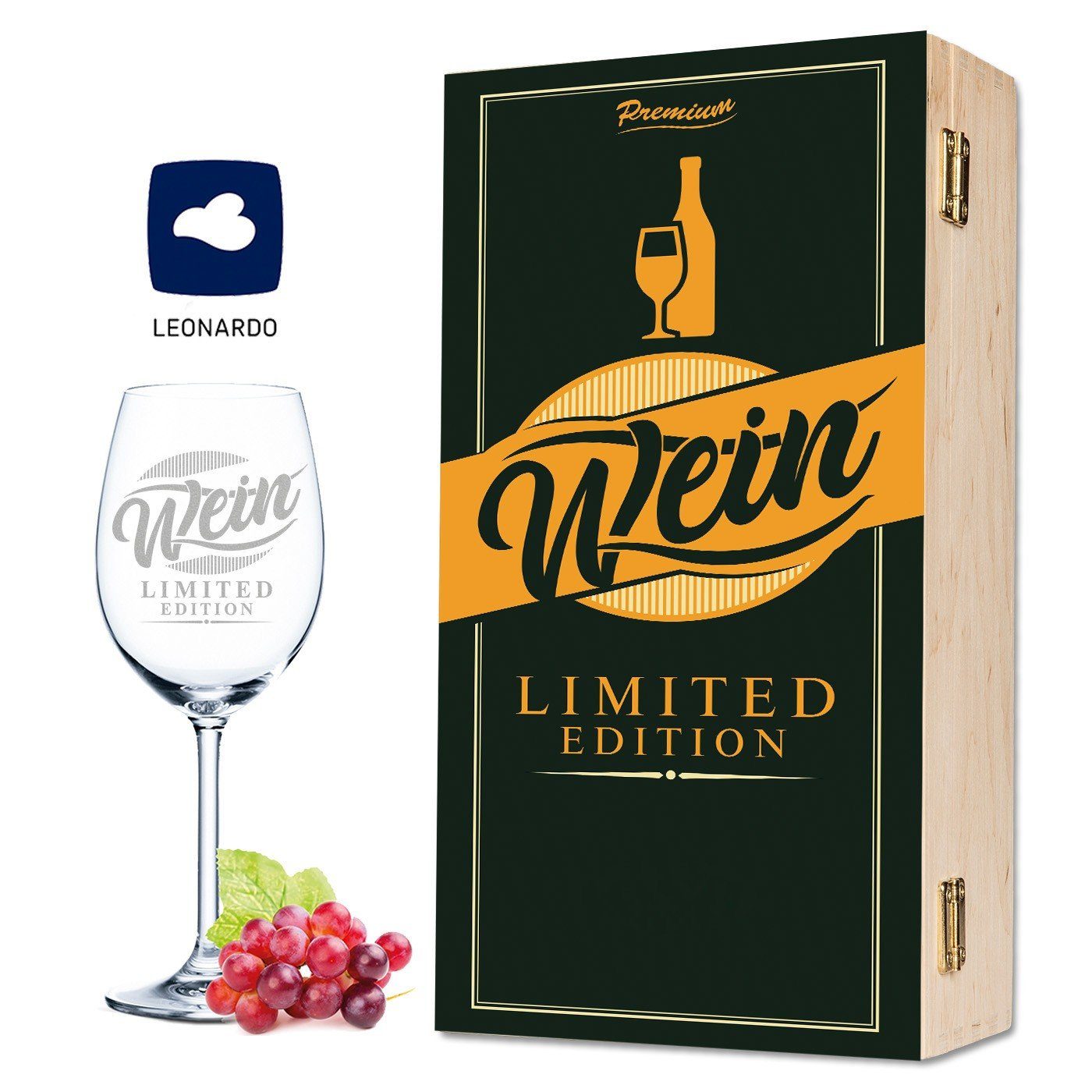 GRAVURZEILE Rotweinglas Leonardo Weinglas - Limited Vino Edition - inkl. Holzkiste, Glas, graviertes Geschenk für Partner, Freunde & Familie