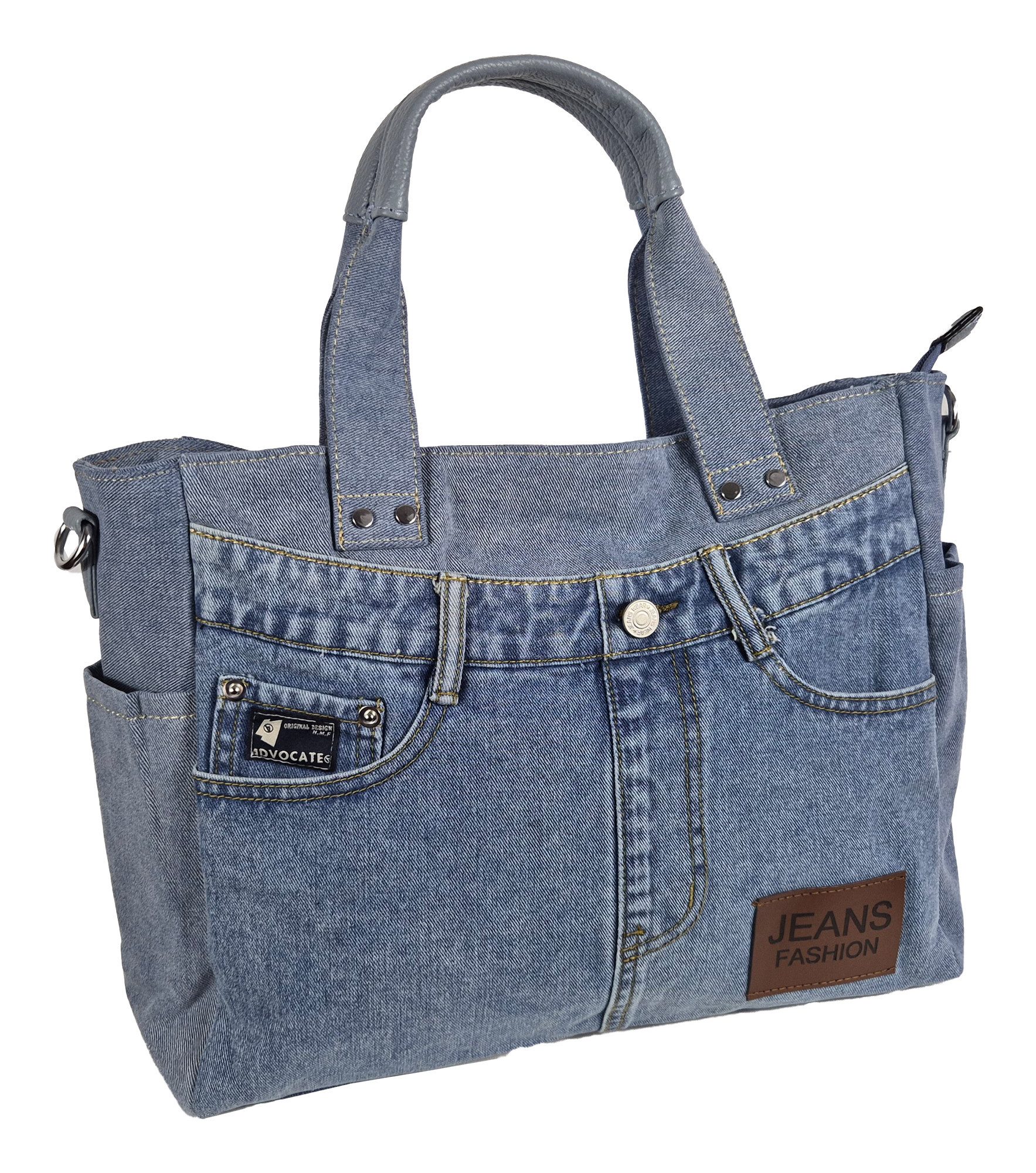 Einkaufszauber Handtasche Profi Shopper Handtasche Echte Jeans Hellblau - Reisetasche (mit Schultergurt), aus einer echten Jeans genäht