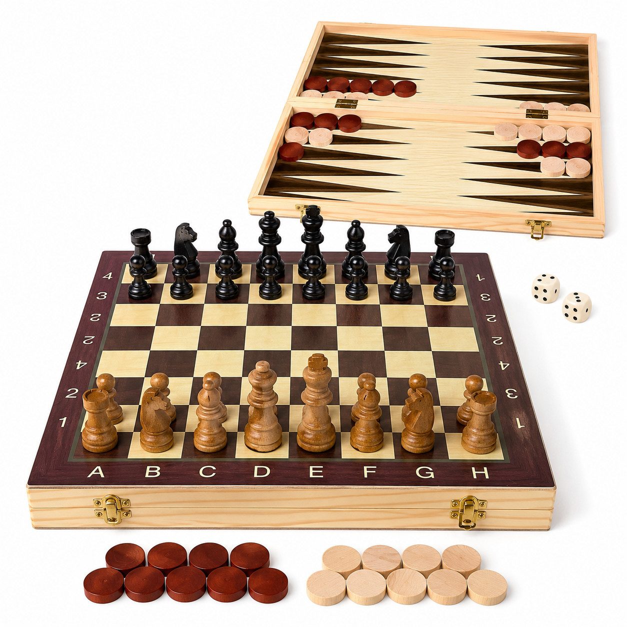 Luckice Spiel Schachspiel aus Holz, Holzdamespiel [39x39 cm], Schachfiguren aus Massivholz, Dame, Backgammon.