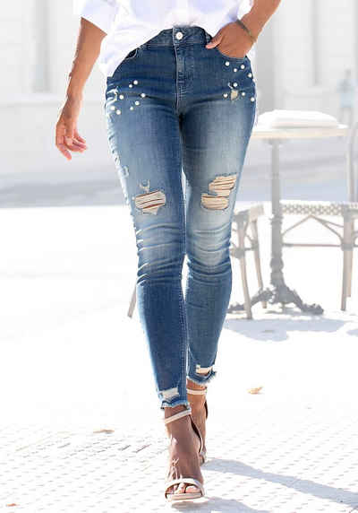 LASCANA Destroyed-Jeans mit Perlen, elastische Skinny-Jeans