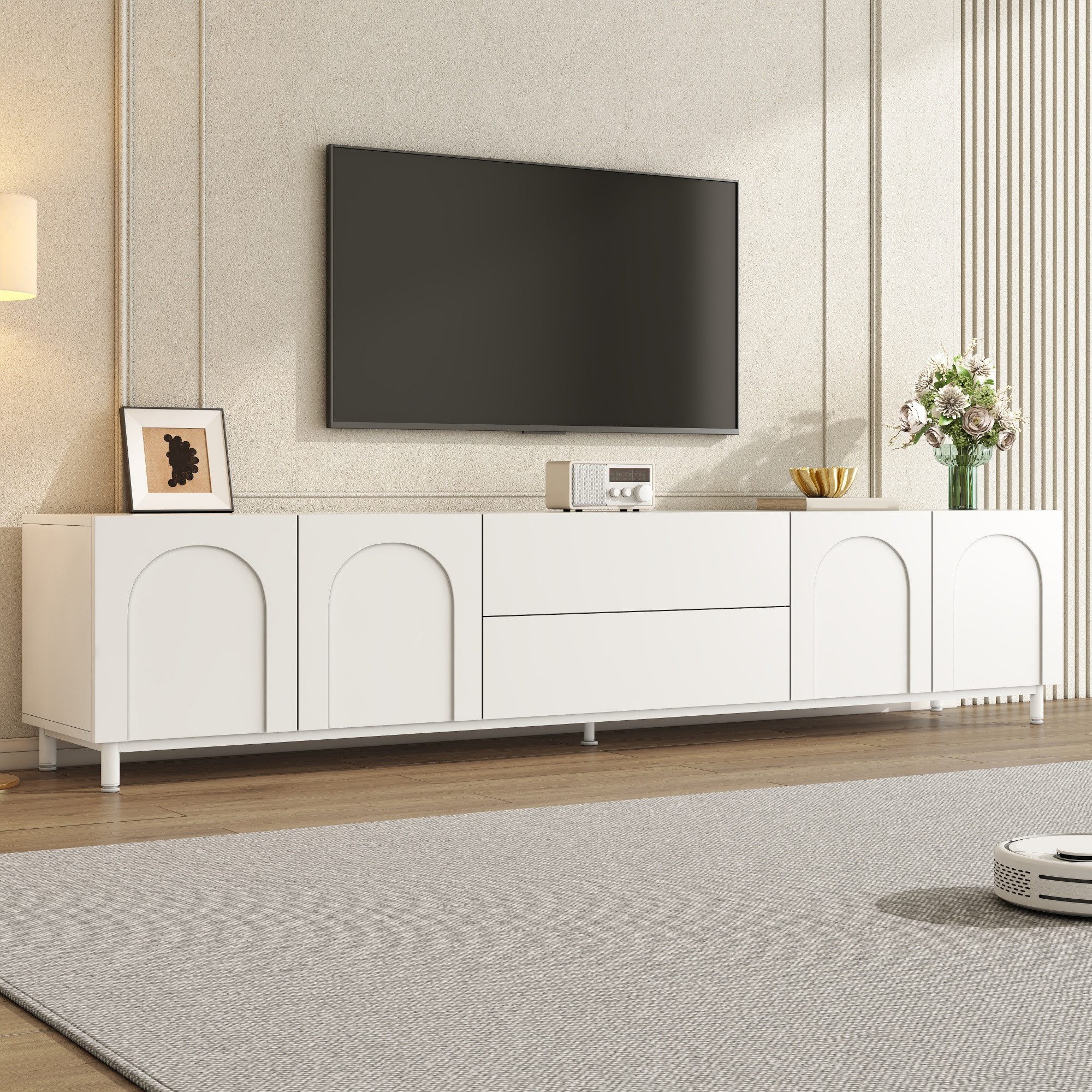 Merax Lowboard mit 4 Türen, 2 Schubladen & Stahlrohr-Füßen (180 L x 40 B x 48 H cm, 1 St., Wohnzimmerschrank Fernsehtisch), TV-Schrank mit bogenförmigem Türdesign, Kabeldurchführung und Stauraum