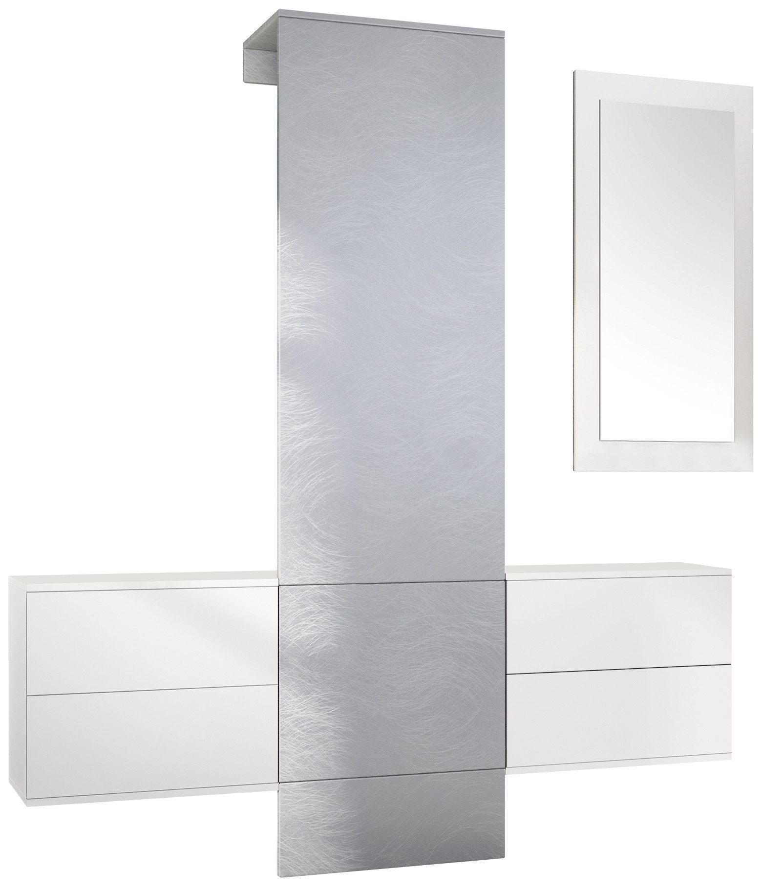 Vladon Garderoben-Set Carlton, (Wandgarderobe bestehend aus, 4-St., ​ 1 Paneel, 2 Schubkastenschränke und 1 Wandspiegel), Weiß matt/Scratchy Metal (157 x 193 x 35 cm)