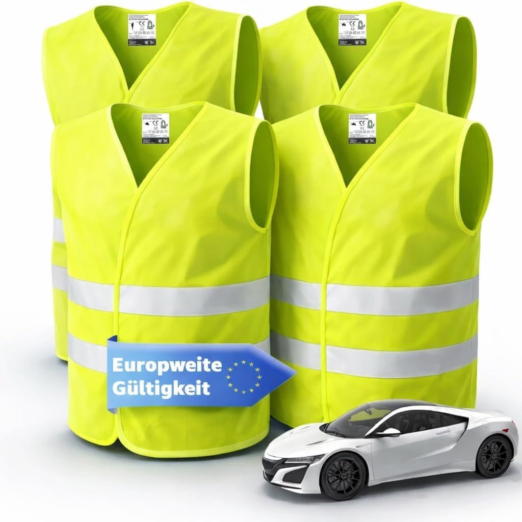 POWR Car Warnweste 4X Warnwesten Auto 2026: Sicherheitsweste ISO20471 (4er Set, 4-tlg., 4-teilig)