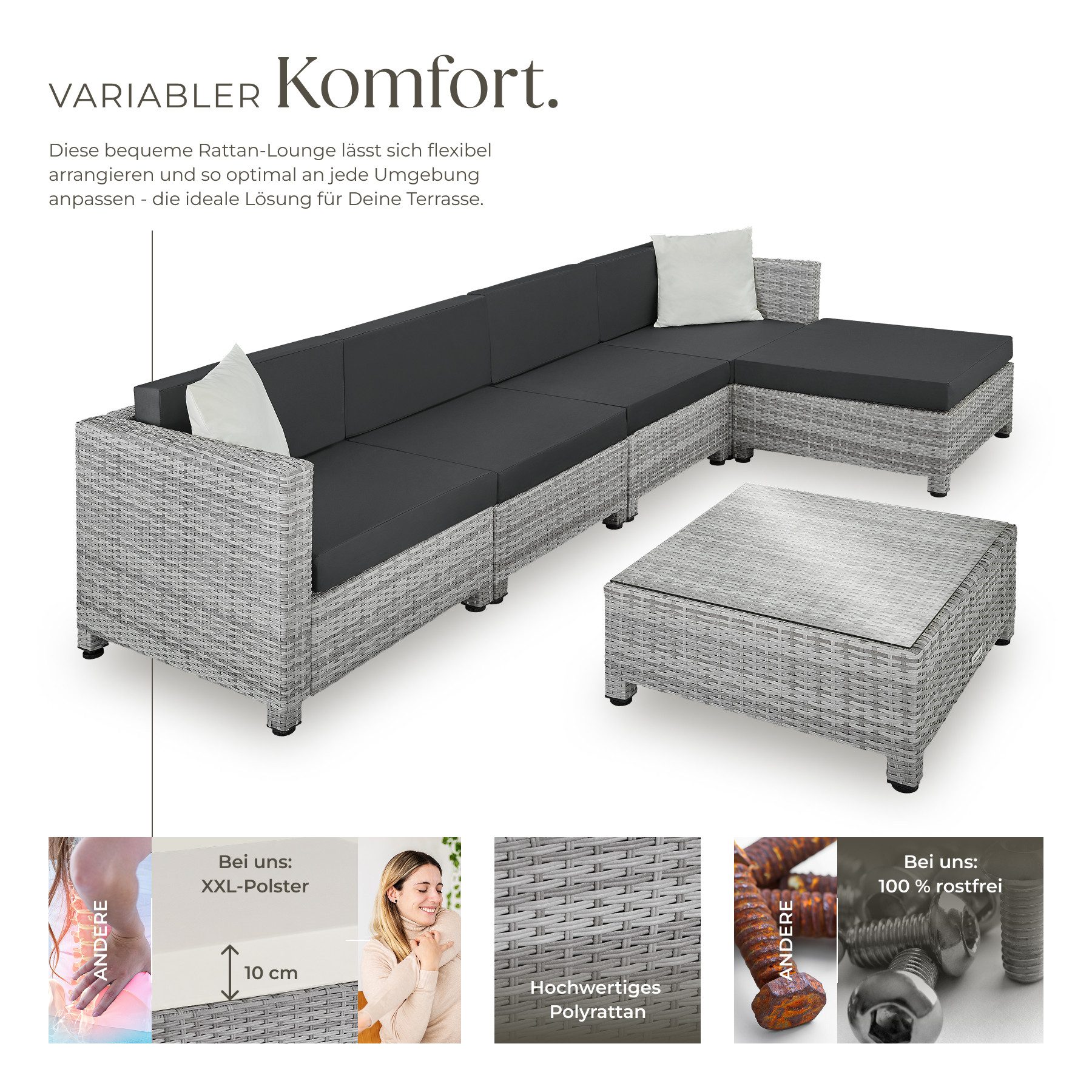 tectake Loungeset Rattan Sitzgruppe mit Aluminiumgestell, für 4 bis 5 Personen, (Gartenlounge-set, 6-tlg., geeignet für Outdoor in Hellgrau), wetterfest und UV-beständig, Dicke der Polster 10 cm mit 2 Bezugssets