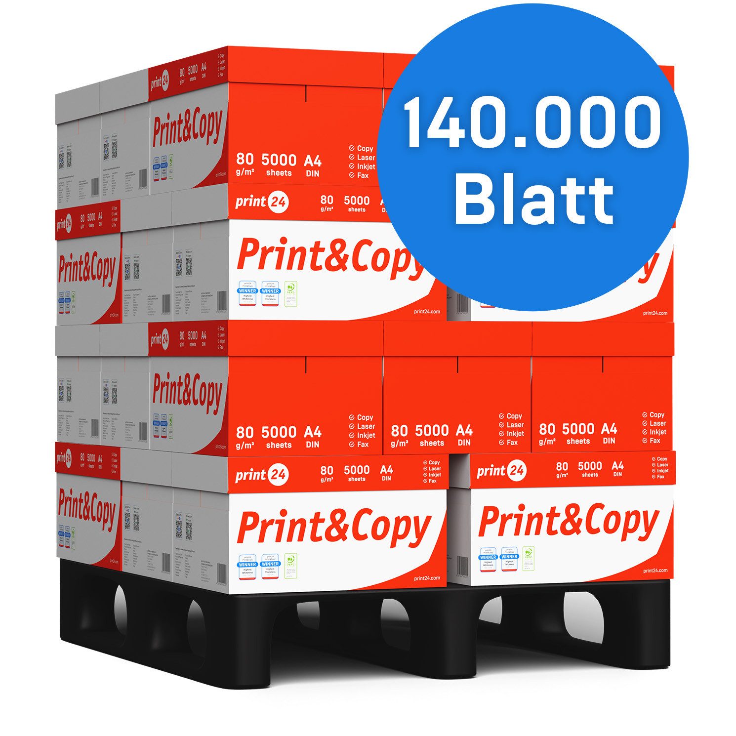 print24 Druckerpapier Kopierpapier 140000 Blatt A4 80g Premium Weiß PEFC zertifiziert