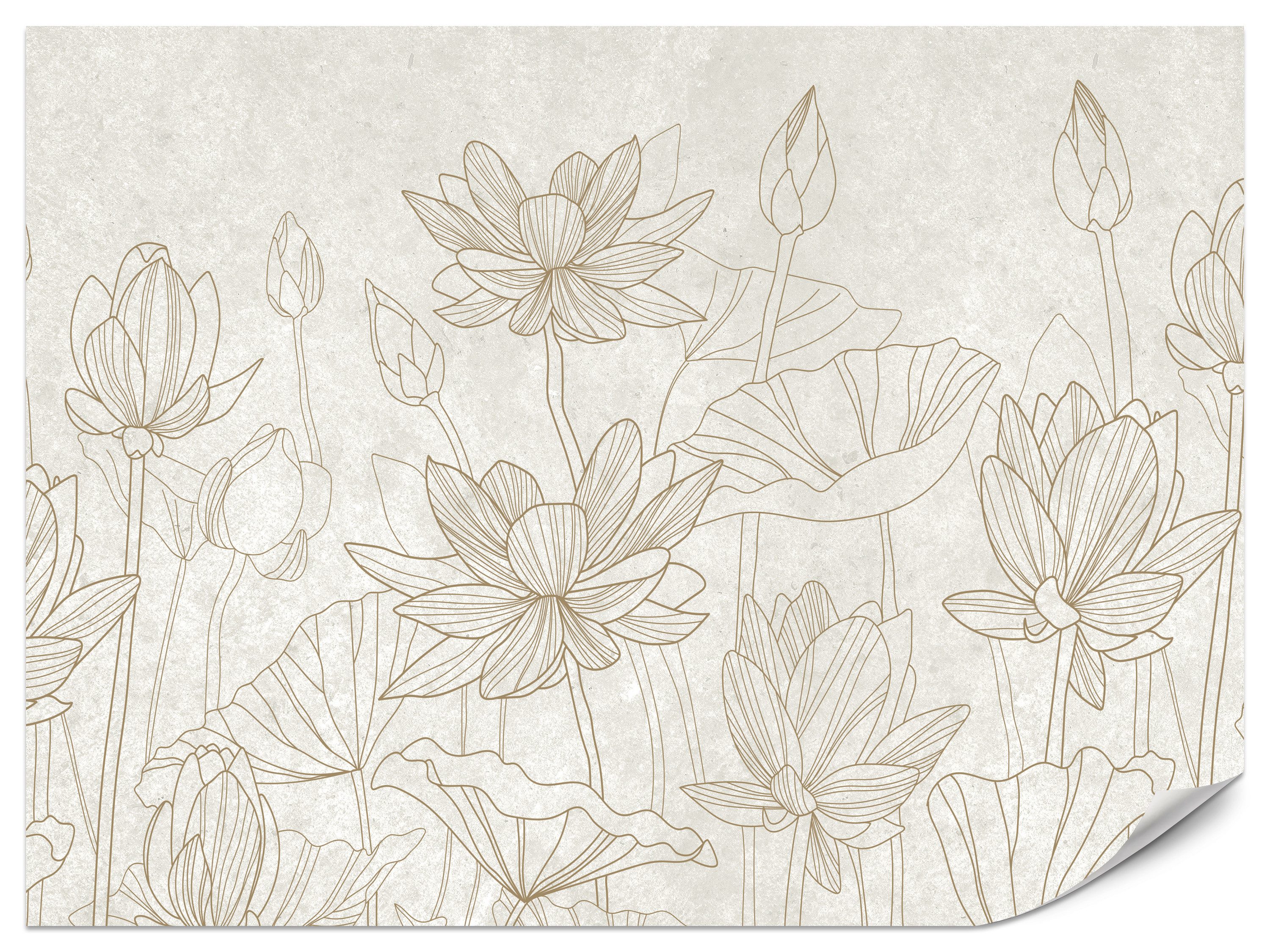 Muralo Fototapete Vliestapete - Ins Schlafzimmer - Konturlinien, Lotusblumen, Glatt, Grafisch, (Packung, 1 St., 100x70 cm), Kleber im Set, 3D-Optik