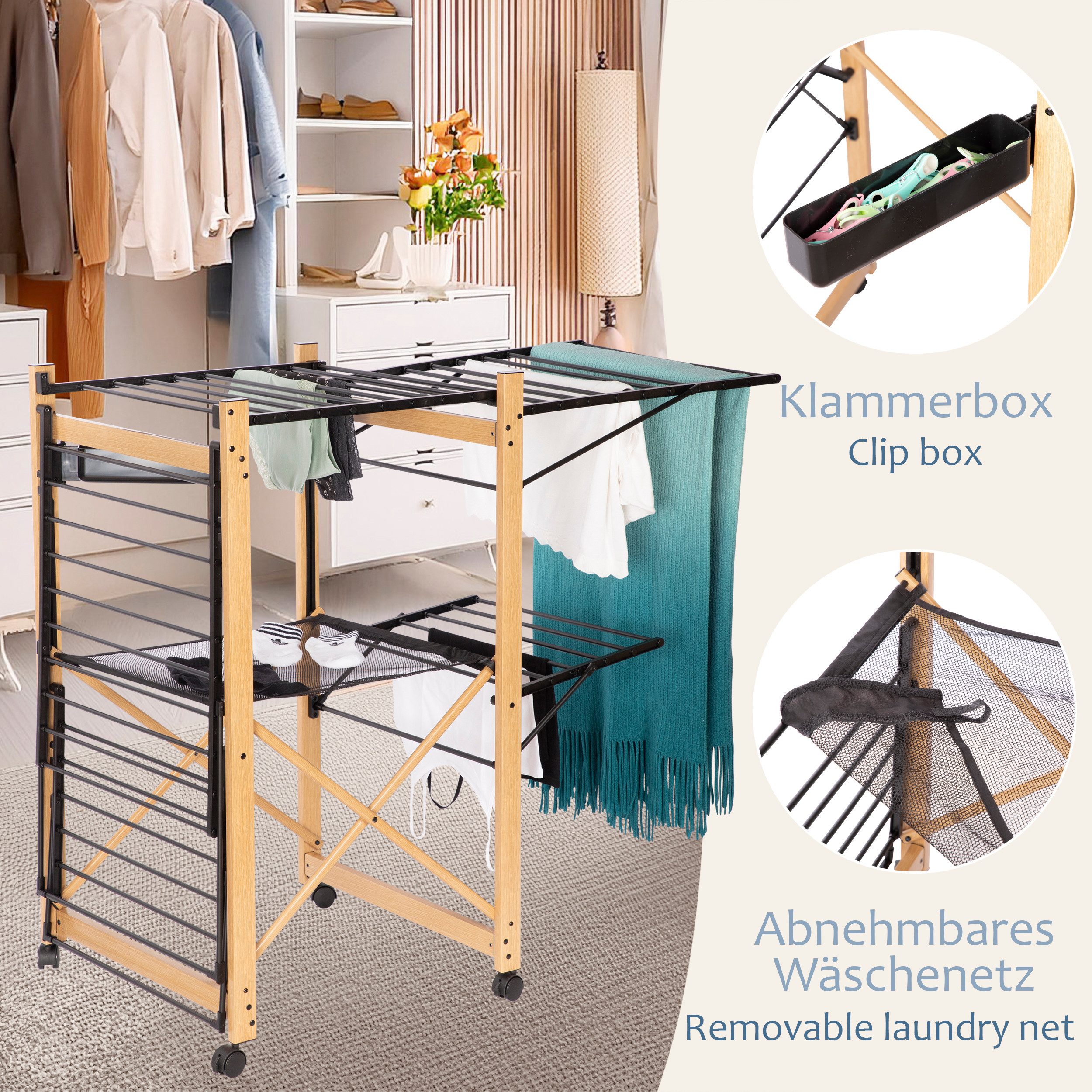 ONVAYA Turmwäscheständer Wäscheständer ǀ für Außen- und Innenbereich ǀ Klammerbox und Netz