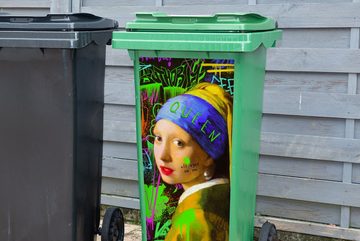 MuchoWow Wandsticker Mädchen mit Perlenohrring - Graffiti - Neon (1 St), Mülleimer-aufkleber, Mülltonne, Sticker, Container, Abfalbehälter