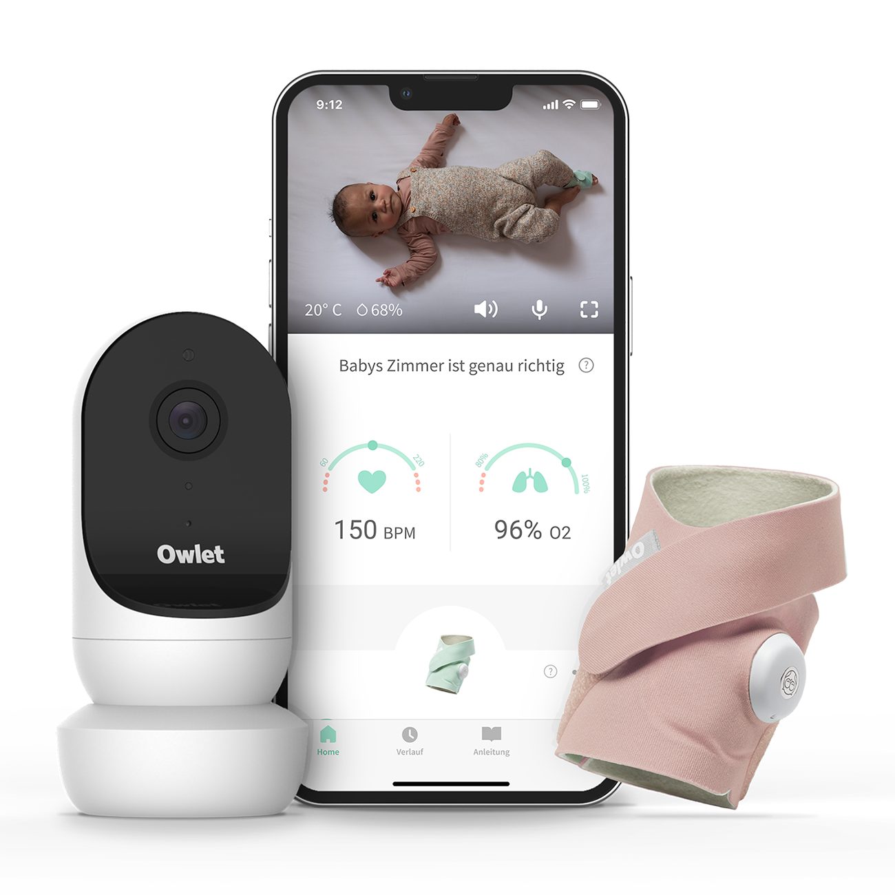 Owlet Baby Care DE Babyphone, Owlet Monitor Duo 2: Smart Sock Mintgrün und  HD Kamera 2 Weiß