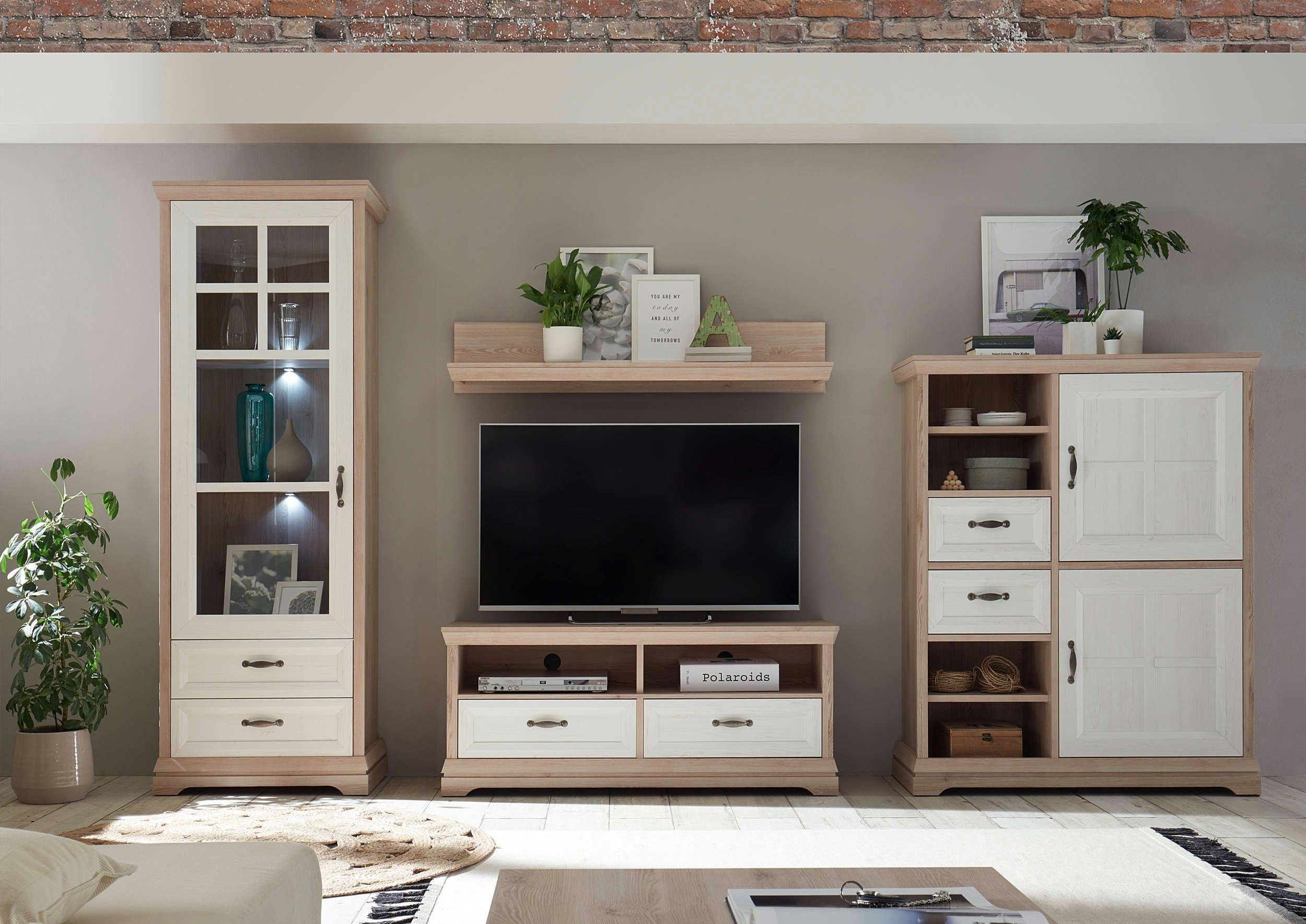 moebel-dich-auf Wohnwand BELLEVUE, (Wohnzimmer-Set In Polar Eiche / Anderson Pine, 4-St., Vitrine + Lowboard + Wandboard + Highboard), optional mit Sideboard