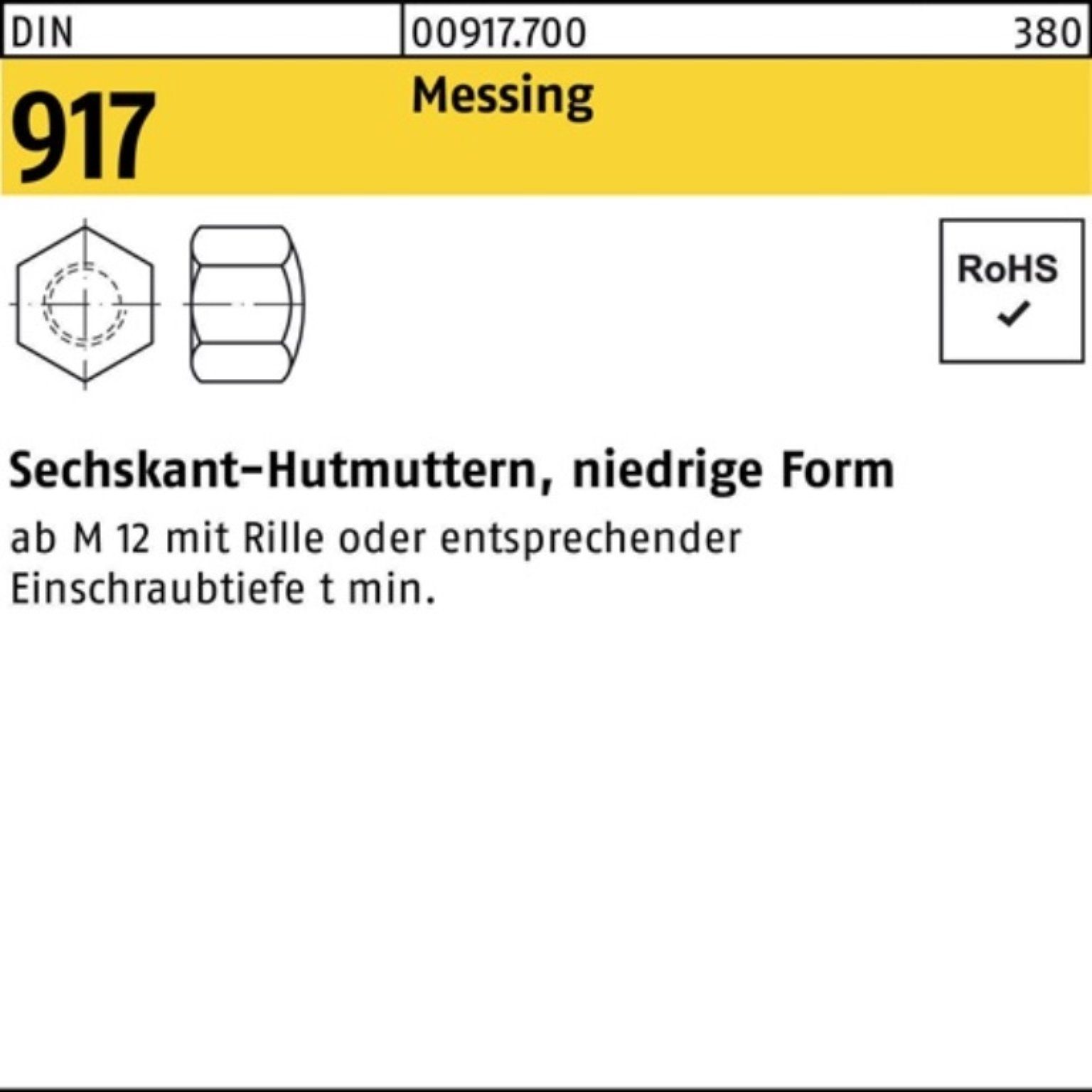 Reyher Hutmutter 100er Pack Sechskanthutmutter DIN 917 niedrige FormM4 Messing 100 Stü | Muttern