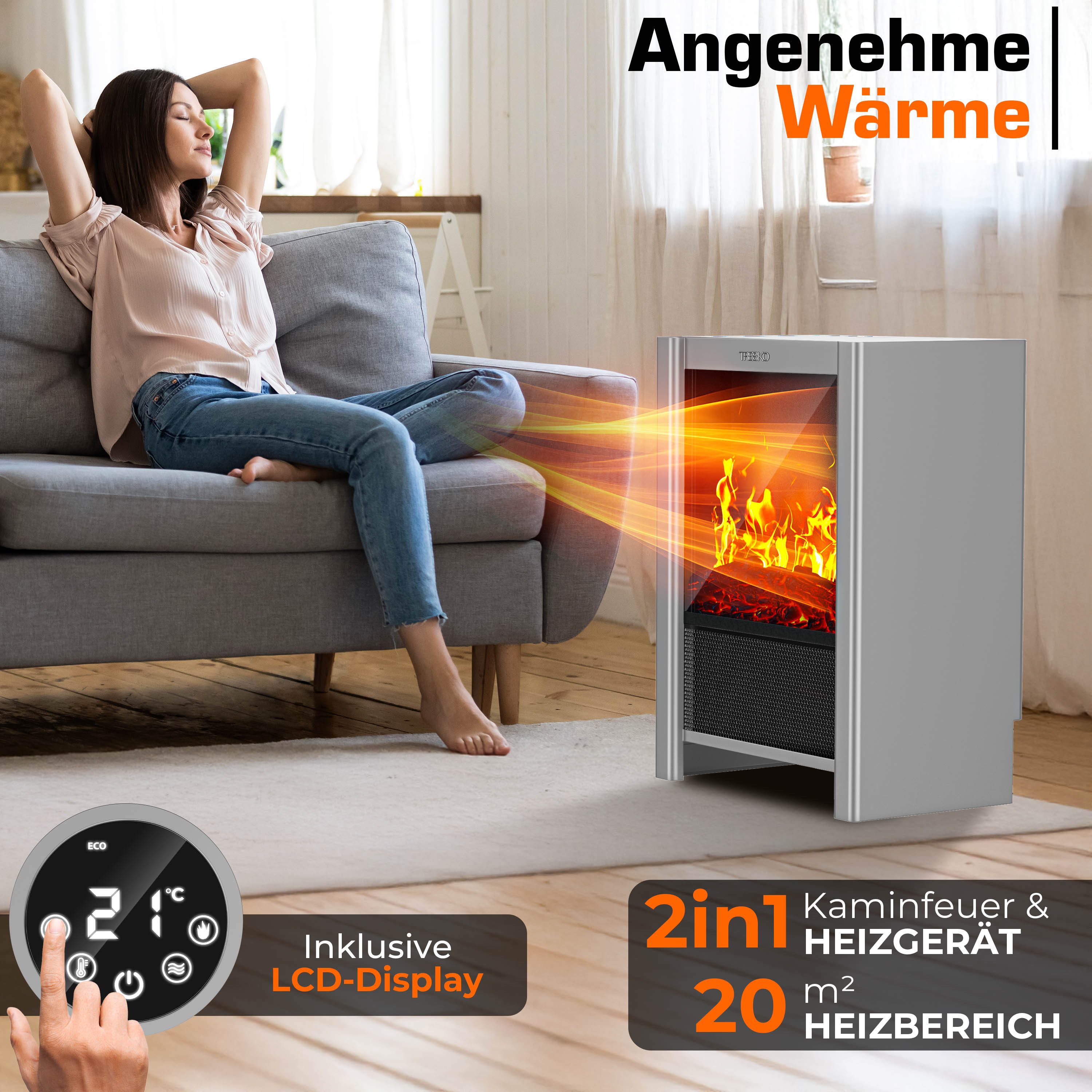 TRESKO Elektrokamin TRESKO® Elektrokamin mit Heizung & Fernbedienung 2000W, WiFi App, mit Heizung & Fernbedienung 2000W, WiFi App Kamin