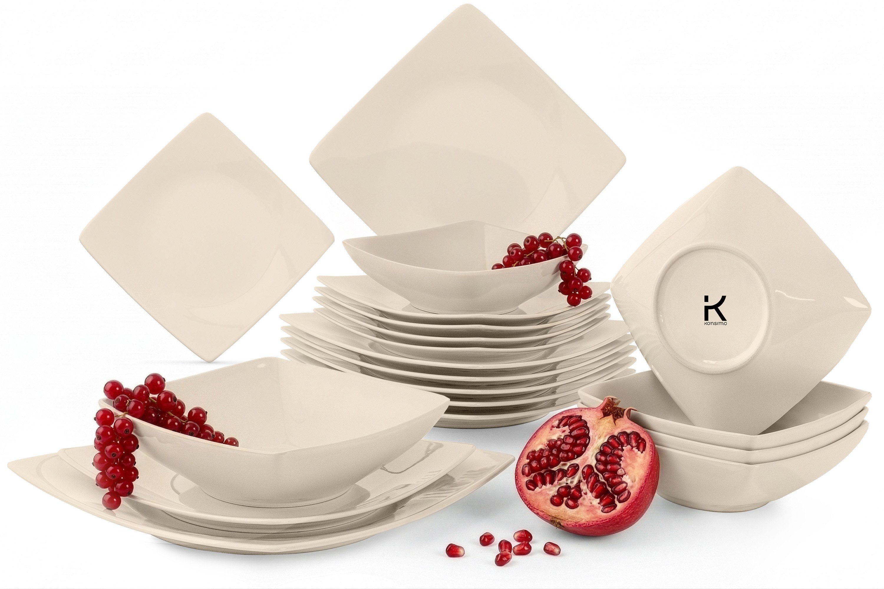 KONSIMO® Tafelservice EPIRI Geschirrset, Modern, hergestellt in der EU (18-tlg), Keramik, beige, quadratisch, Spulmachinen- und Mikrowellengeeignet