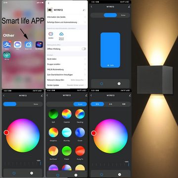 LETGOSPT Wandleuchte 2 Stück 7W Modern RGB LED Wandlampe,Dimmbar mit APP und WIFI-steuerung, LED fest integriert, Warmweiß+RGB, IP65 Wasserdichte LED Außenwandlampe für Alexa und Google-Assistant