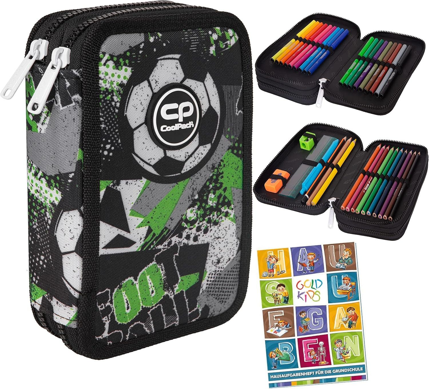 GOLDKIDS Federmäppchen 2-fache Federtasche Federmappe Junge, (Fußball 35-teilig Schüleretui Stifte und, 1-tlg., Pinsel Fanartikel inkl. Aufgabenheft), Federbox Etui Stiftetasche Schlamper-Etui Schul-Etui 1.klasse