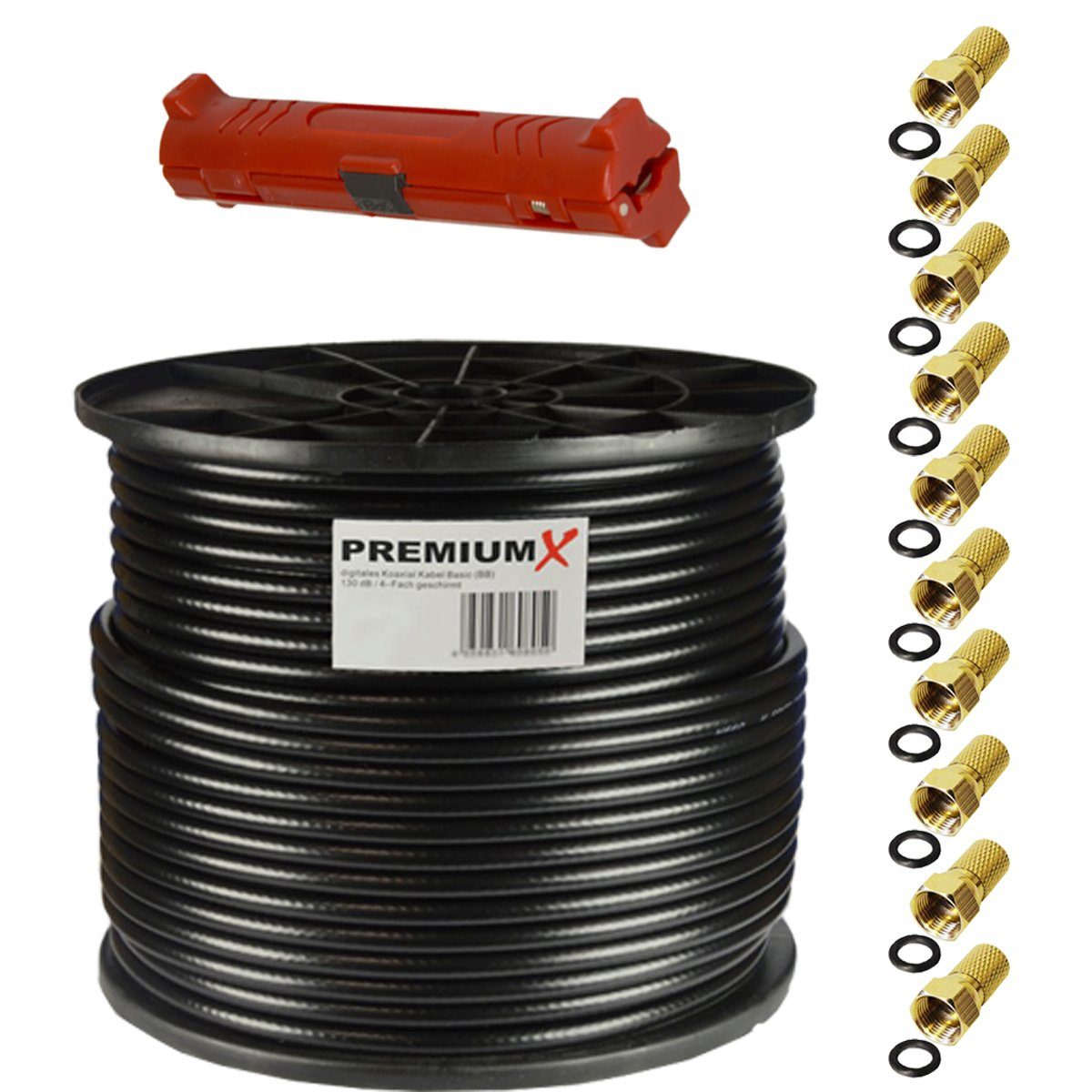 PremiumX 100m BASIC Koaxialkabel schwarz 135dB SAT Entmanteler 10x F-Stecker SAT-Kabel