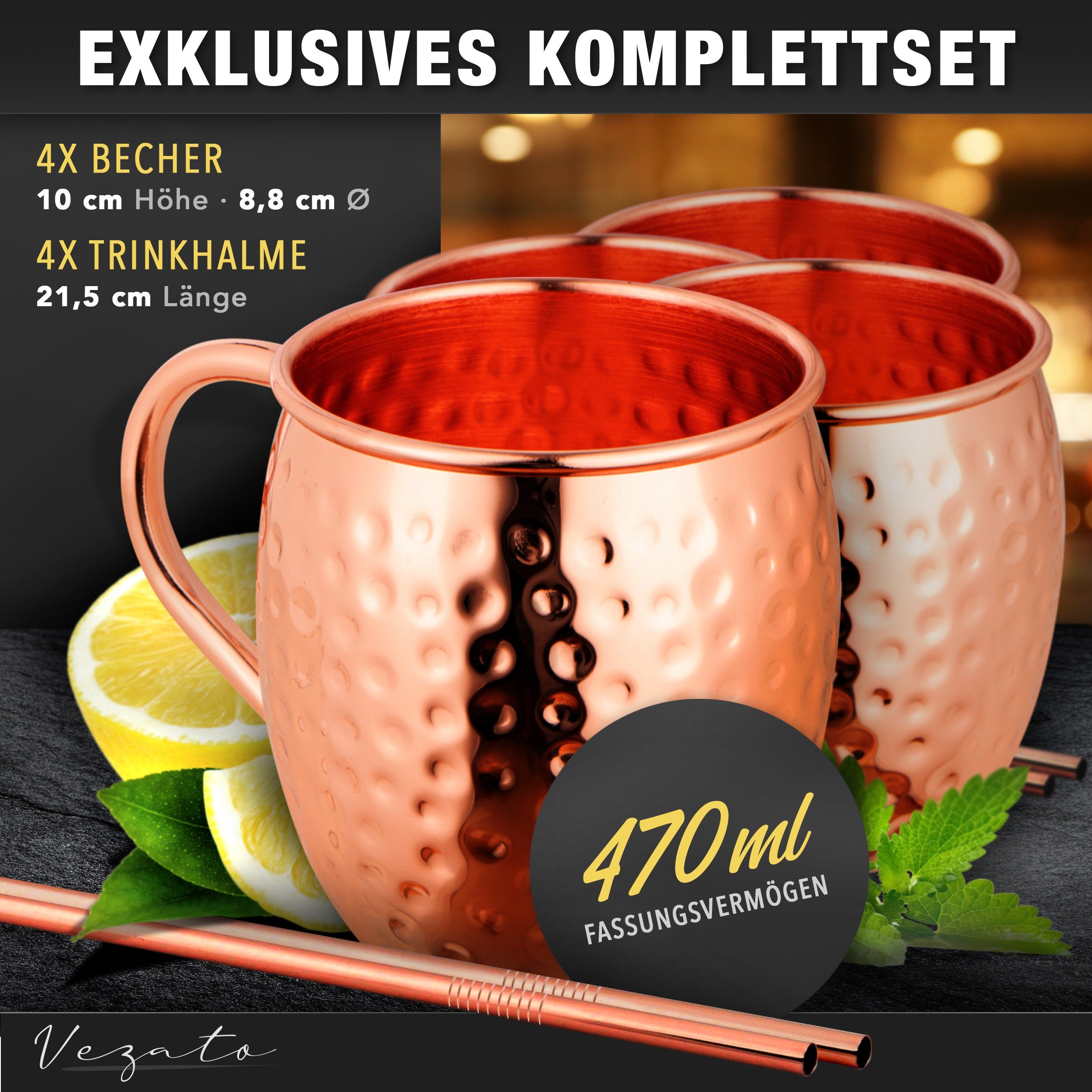 Vezato Cocktailglas 4 Moscow-Mule-Becher [500ml] – 4er Set Kupferbecher gehämmert -, Mit Strohhalmen, handgefertigt, rostfrei, für Cocktails