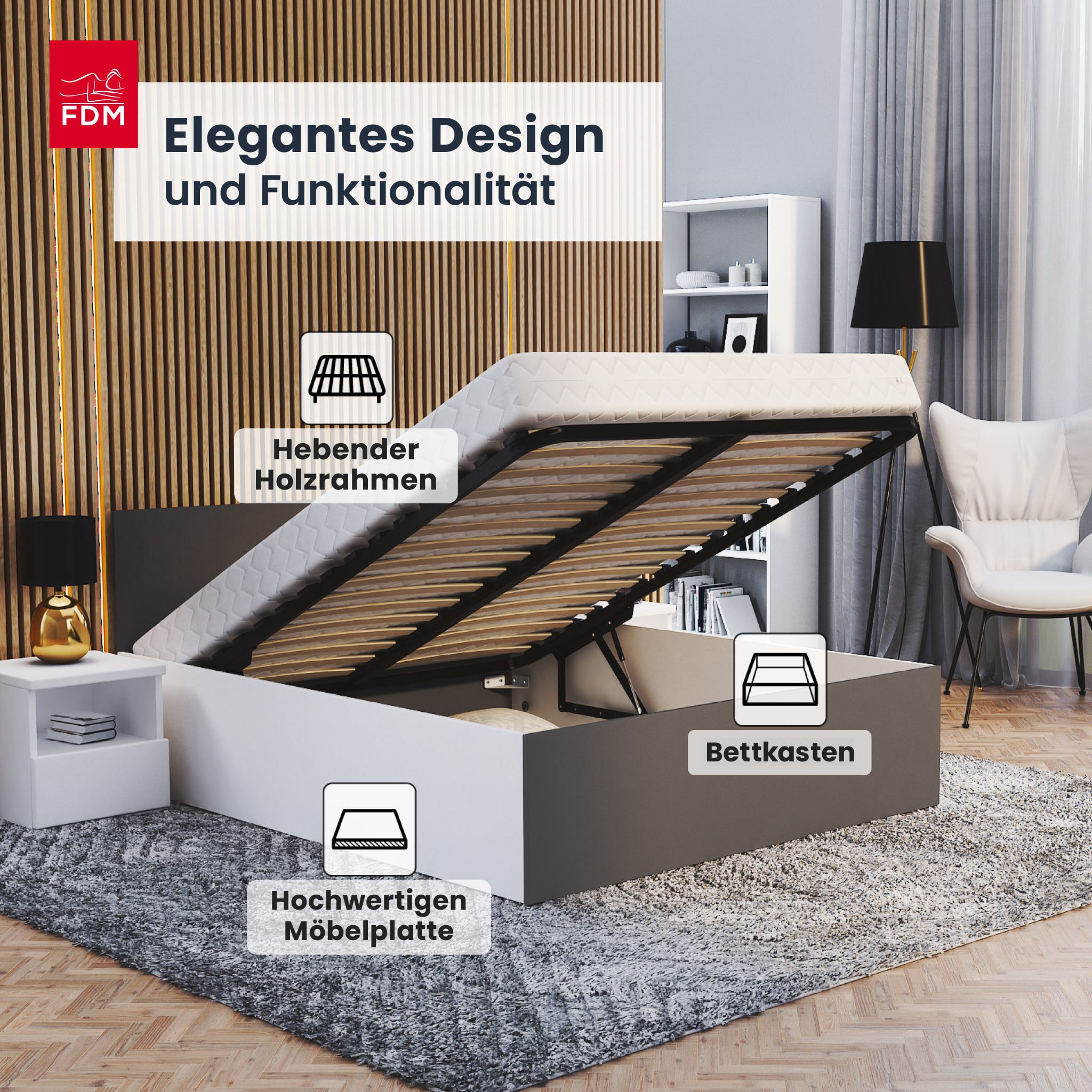 FDM Stauraumbett PANAMA SP modernes Bett Lattenrost Bettkasten pflegeleicht MADE IN EU (verfügbar 90x200 120x200 140x200 160x200 180x200cm, Bettrahmen, Bett, mi – Bild 3 von 5