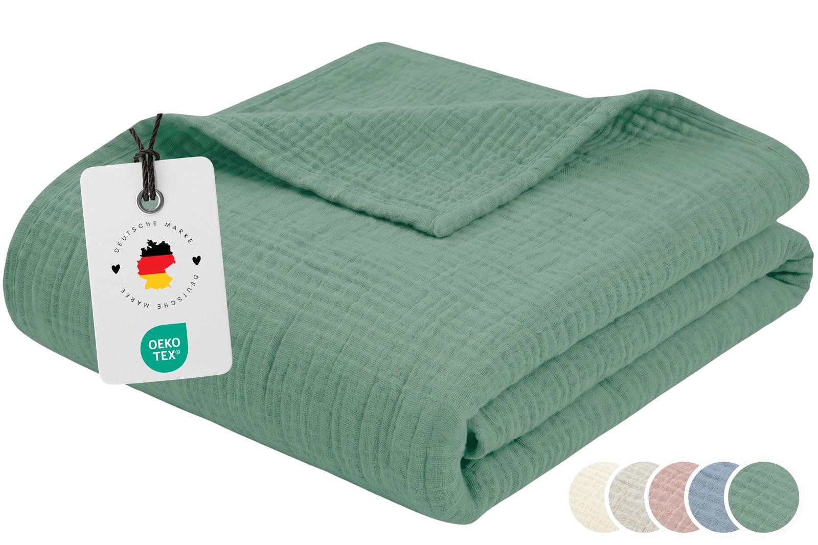 Wohndecke Musselin Decke 150 x 200 100% Baumwolle Kuscheldecke Tagesdecke Plaid, Carpe Sonno, Leichte Musselindecke für Sofa Couch Wohnzimmer Bett - Grün