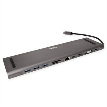 ROLINE USB 3.2 Gen 2 Typ C Multiport Docking Station Computer-Adapter USB Typ C (USB-C) Männlich (Stecker) zu HDMI Typ A Weiblich (Buchse), 4K HDMI/Mini DP, VGA, USB, Card Reader, PD, LAN, Audio