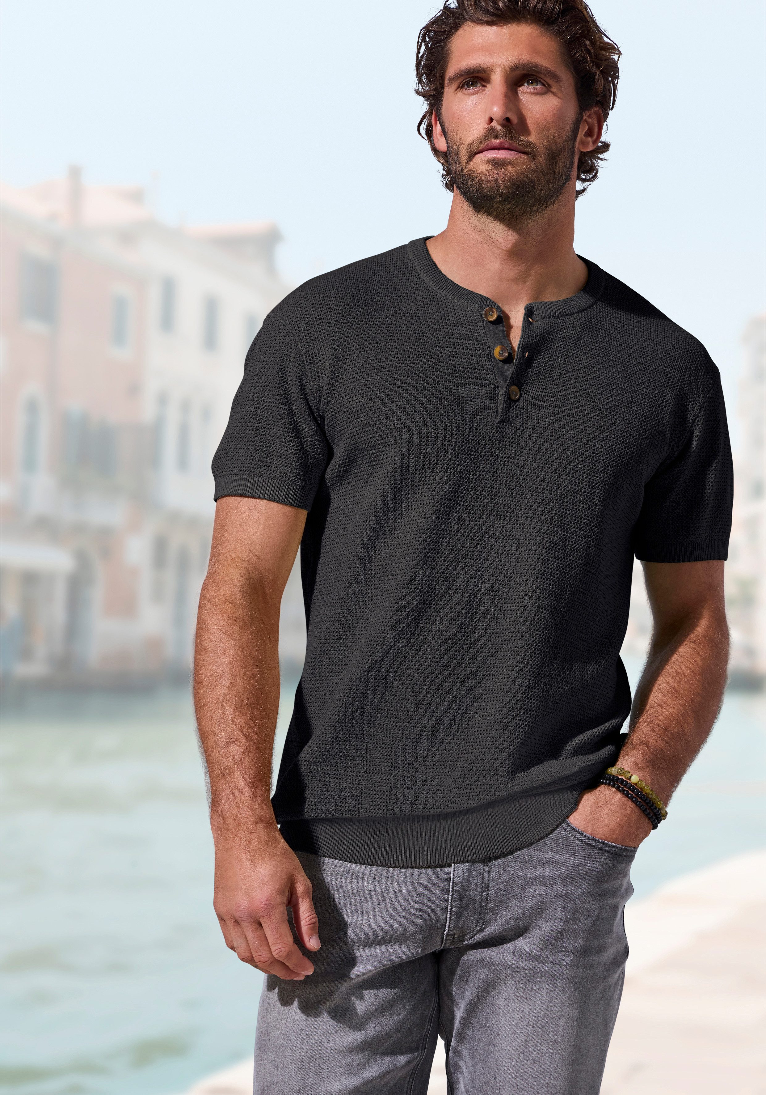 John Devin Henleyshirt - Strickshirt Rundhalsausschnitt mit kleiner Knopfleiste