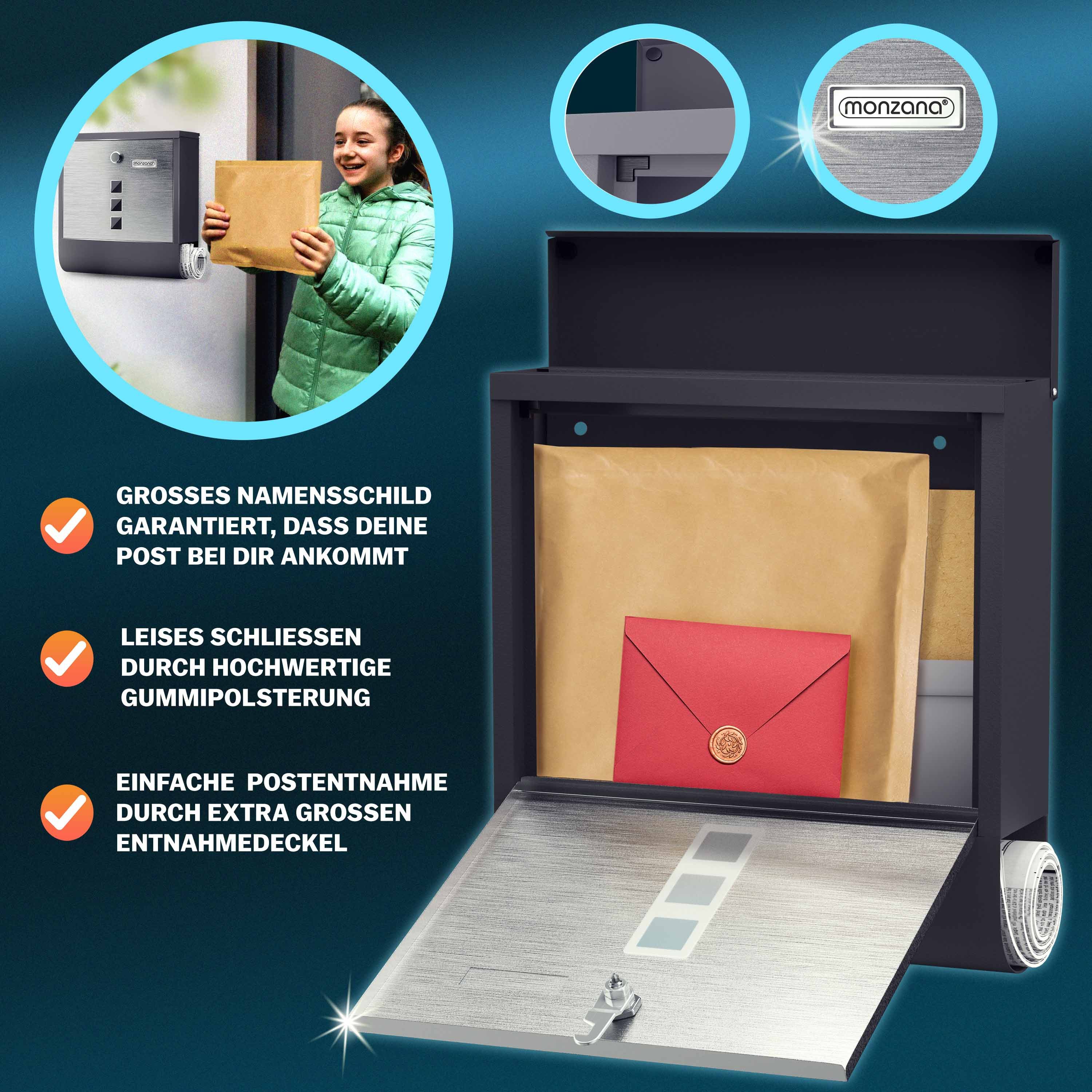 monzana Wandbriefkasten, Schwarz-Silber Edelstahl mit Zeitungsfach Kreuzschloss Sichtfenster