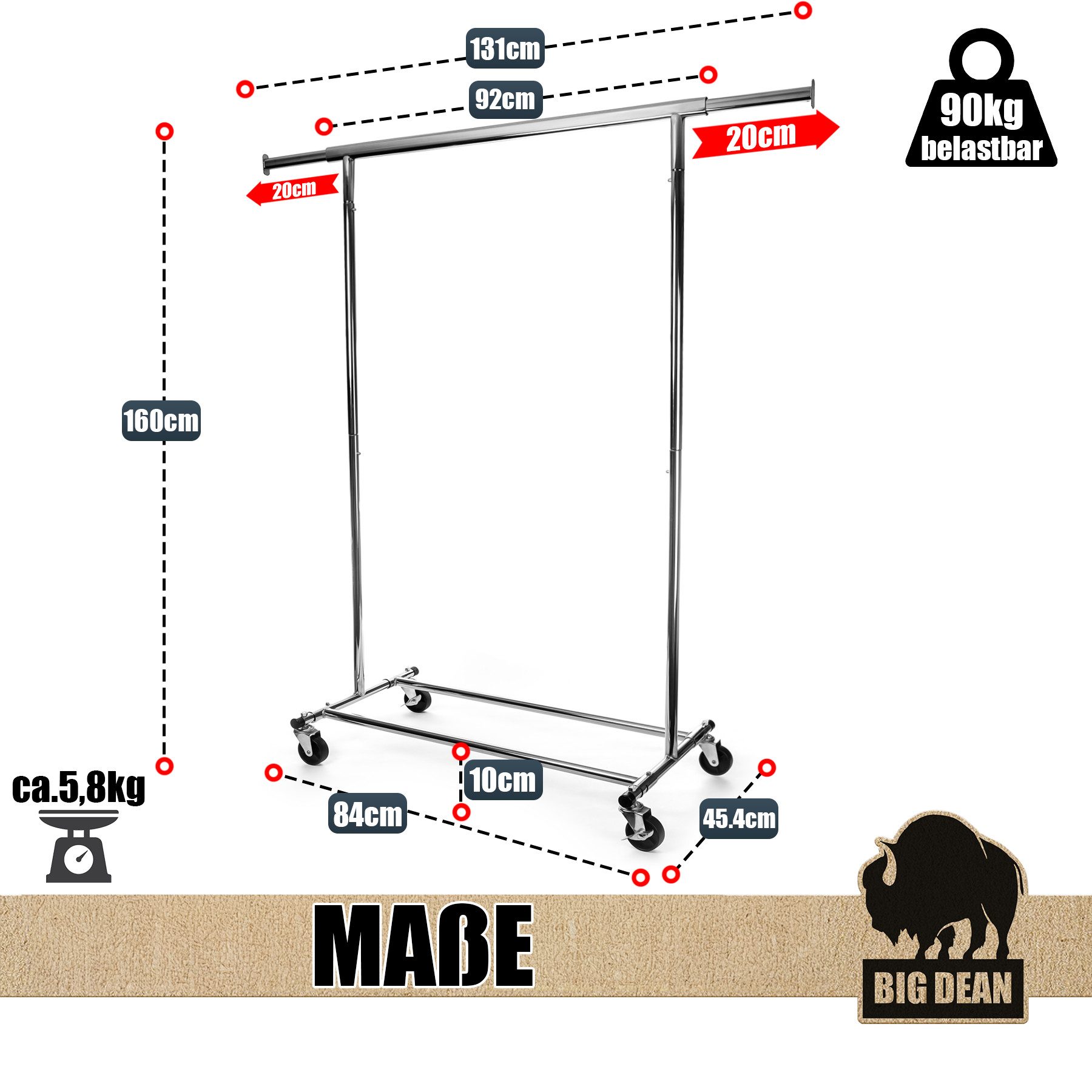 BigDean Kleiderständer Kleiderständer auf Rollen 90kg belastbar ausziehbare Kleiderstange, (Packung, 1 St., Kleiderständer), Ausziehbarer Kleiderheld
