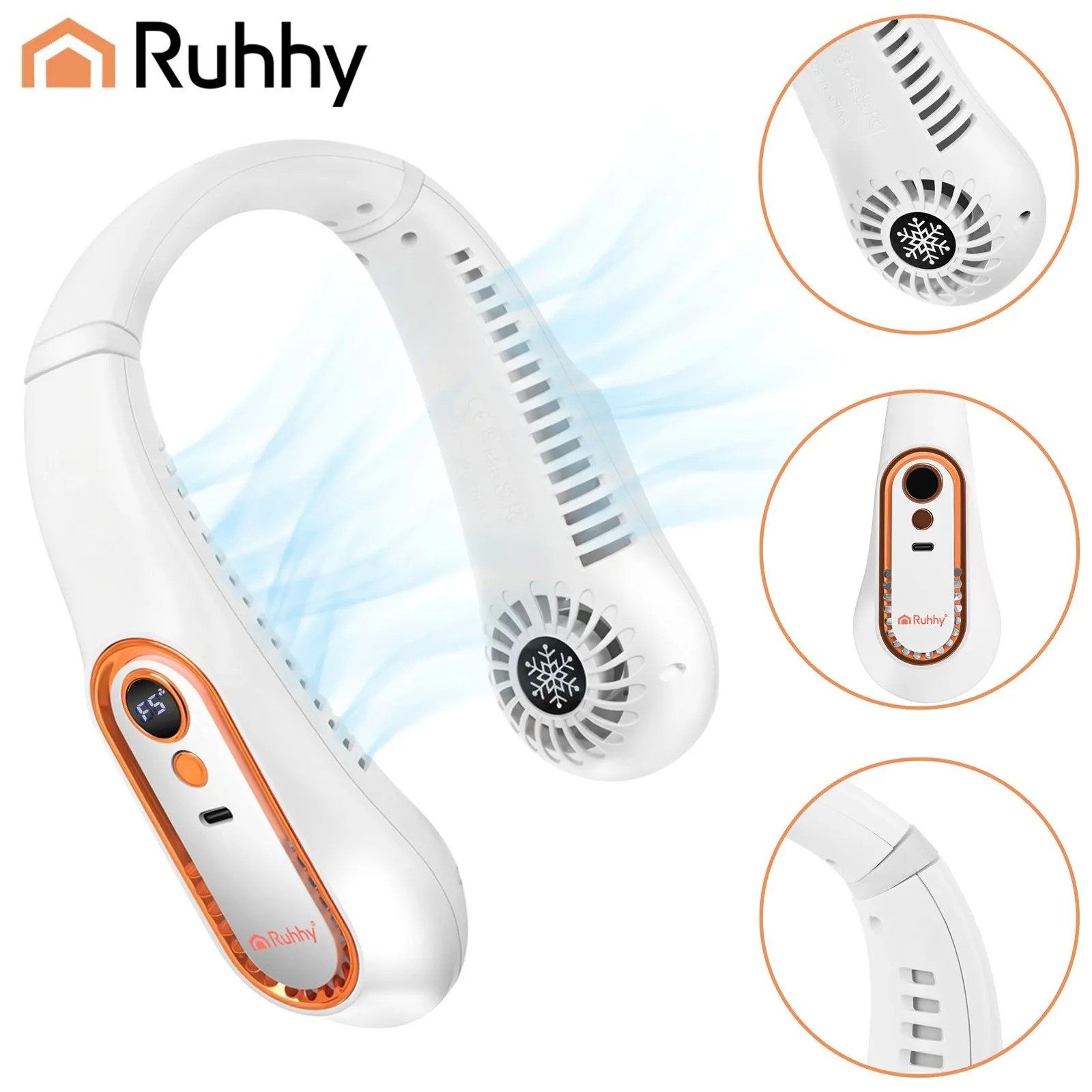 Ruhhy Akku-Ventilator Nackenventilator USB C tragbar kabellos 5 Modi LED Ventilator, 360 Grad Luftstrom LED Anzeige kabellos USB C 5 Modi flexibel