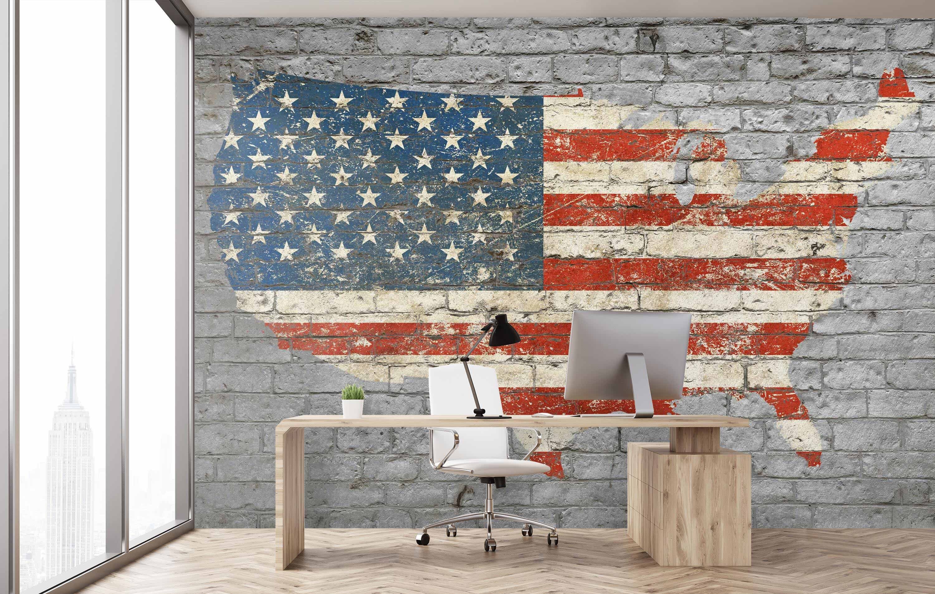 Motivtapete, matt, Landform, Vliestapete Fototapete wandmotiv24 Wandtapete, Amerika glatt, Flagge Ziegelwand